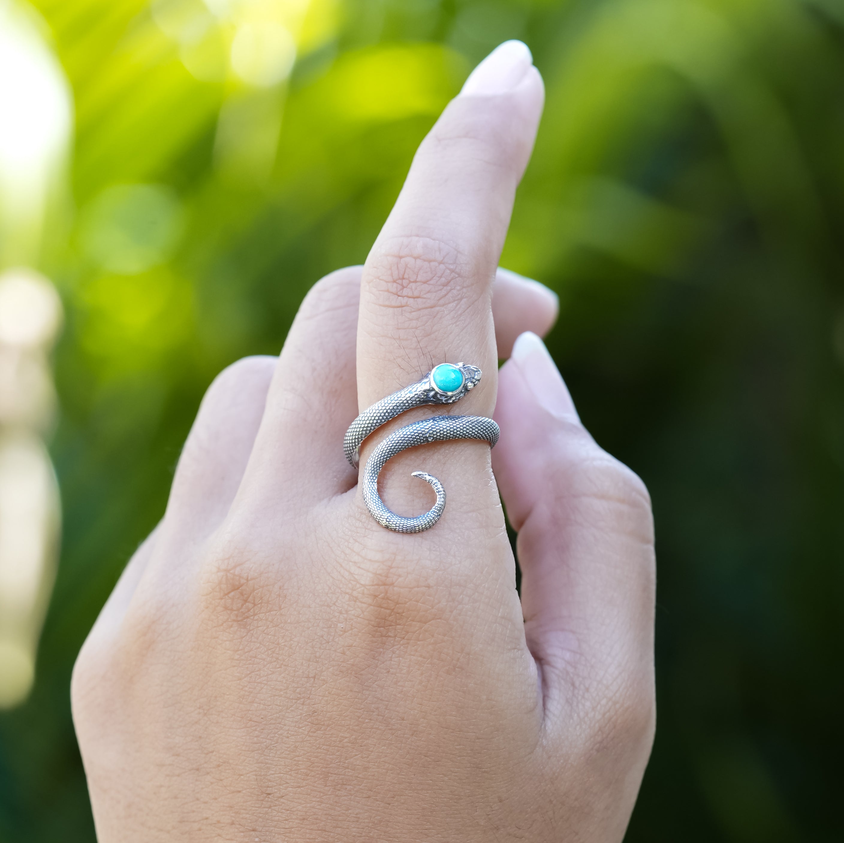 Starborn Coiled Snake Ring with Polished Turquoise in Sterling Silver