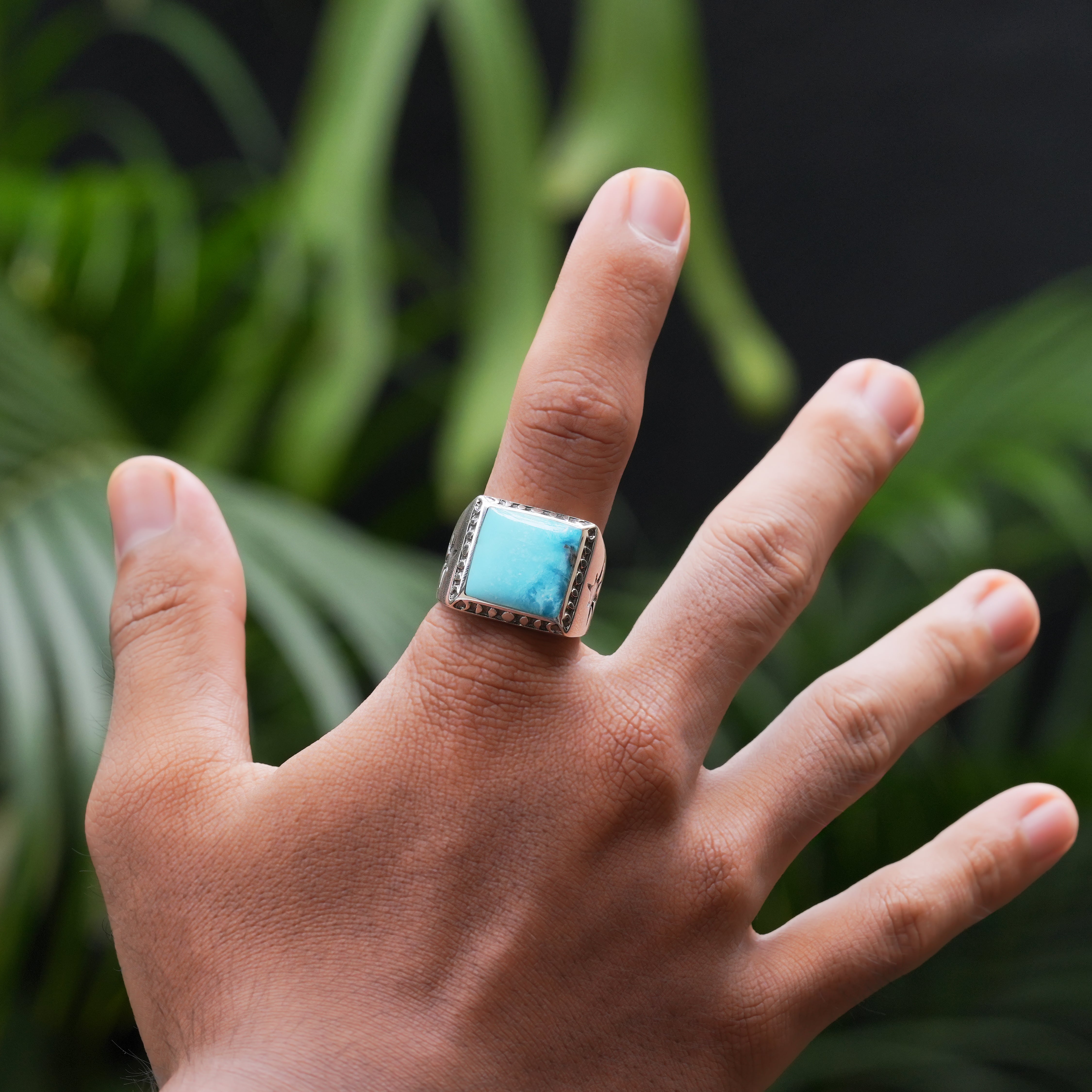 Starborn Persian Turquoise Square Men's Ring with Octagram in Sterling Silver