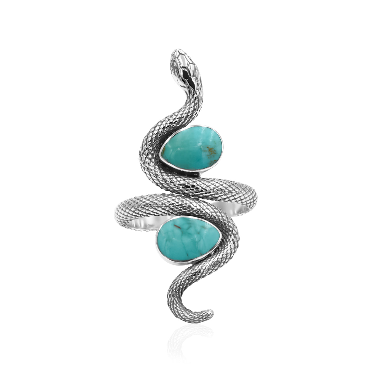 Starborn Coiled Snake Ring with Dual Turquoise in Sterling Silver