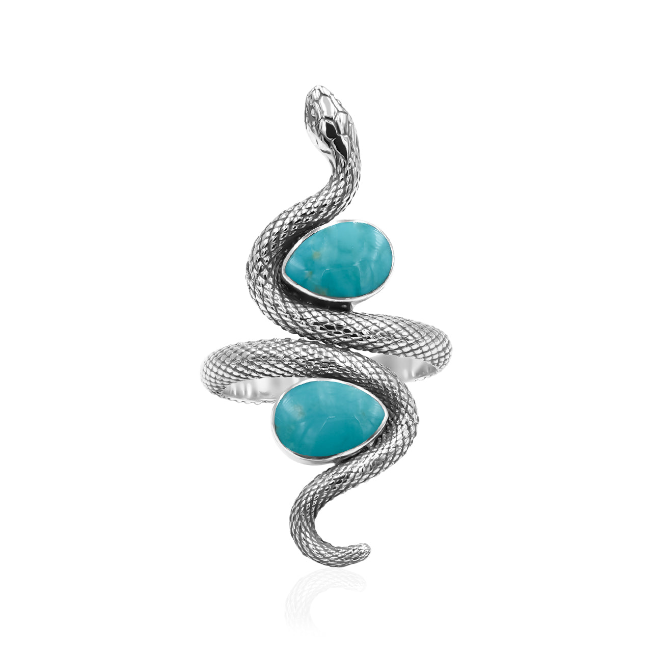 Starborn Coiled Snake Ring with Dual Turquoise in Sterling Silver