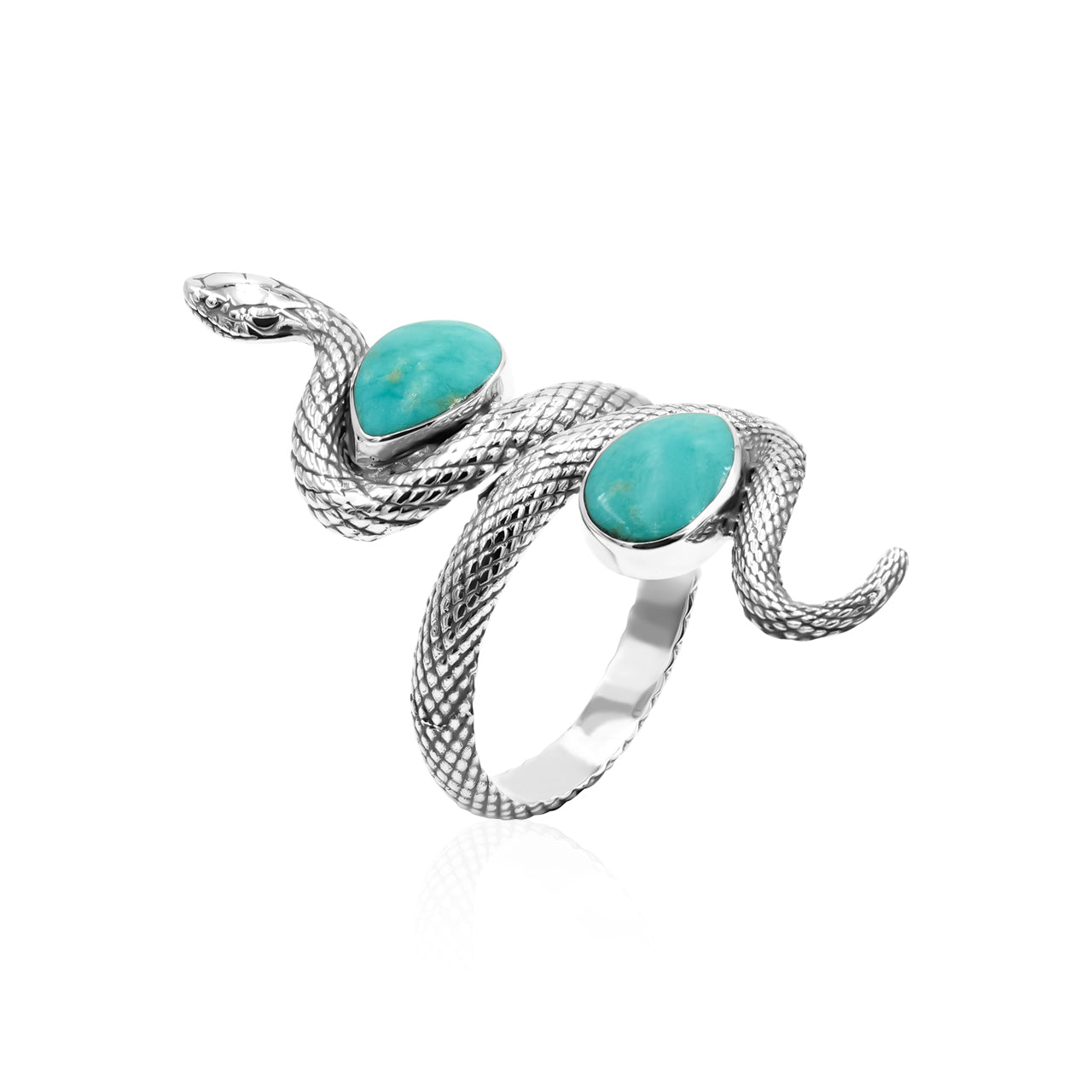 Starborn Coiled Snake Ring with Dual Turquoise in Sterling Silver
