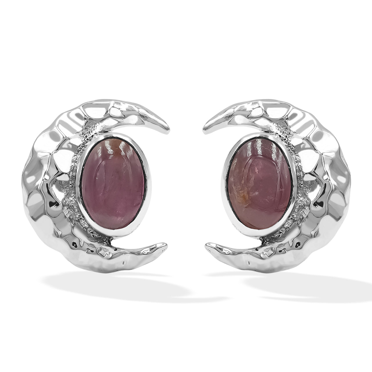 Starborn Turmalin 6 mm ovale Cabochon-Ohrstecker im Post-Stil mit gehämmertem Halbmond-Akzent in Sterling-Silber