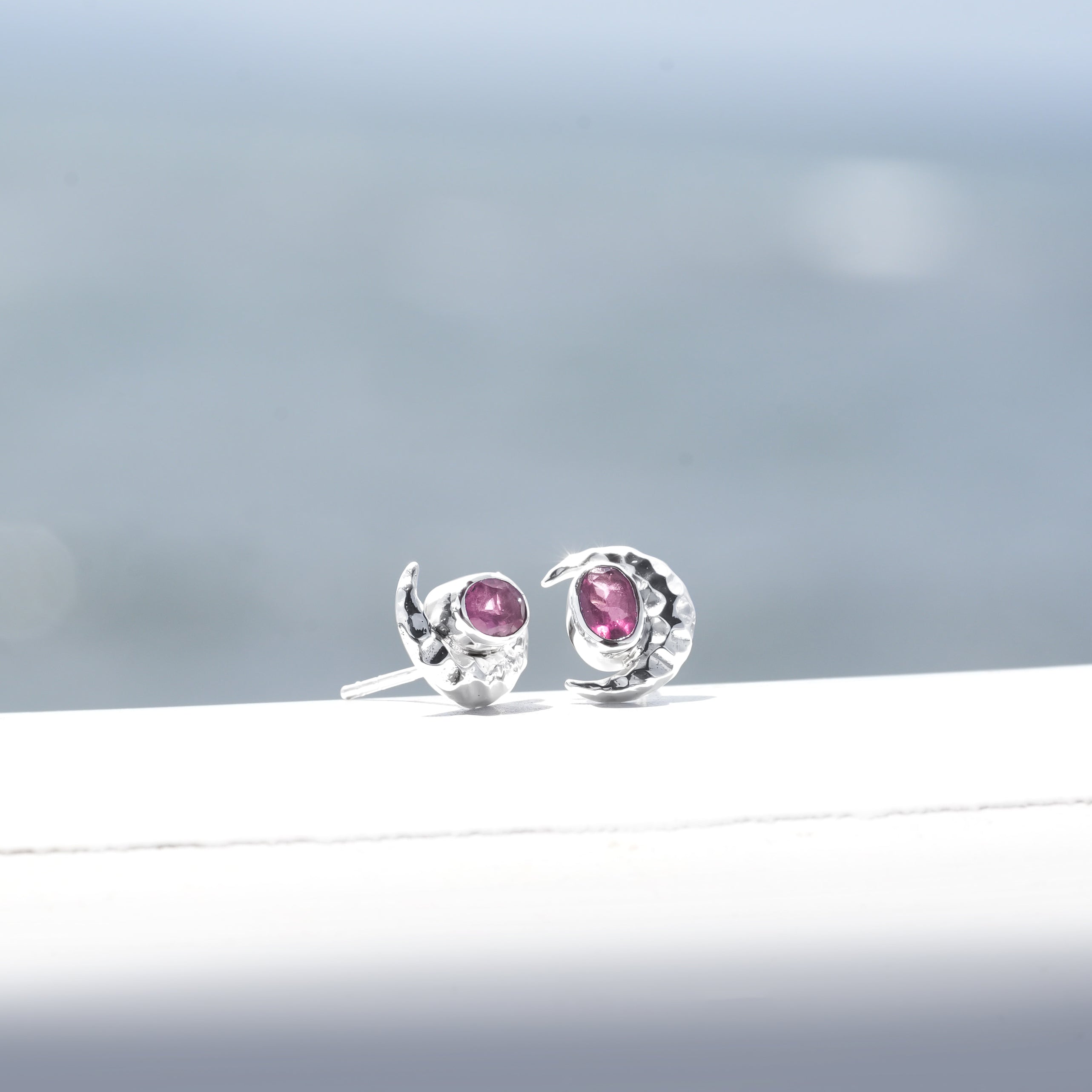 Starborn Crescent Moon Faceted Crystal Oval Post Style Earrings in Sterling Silver