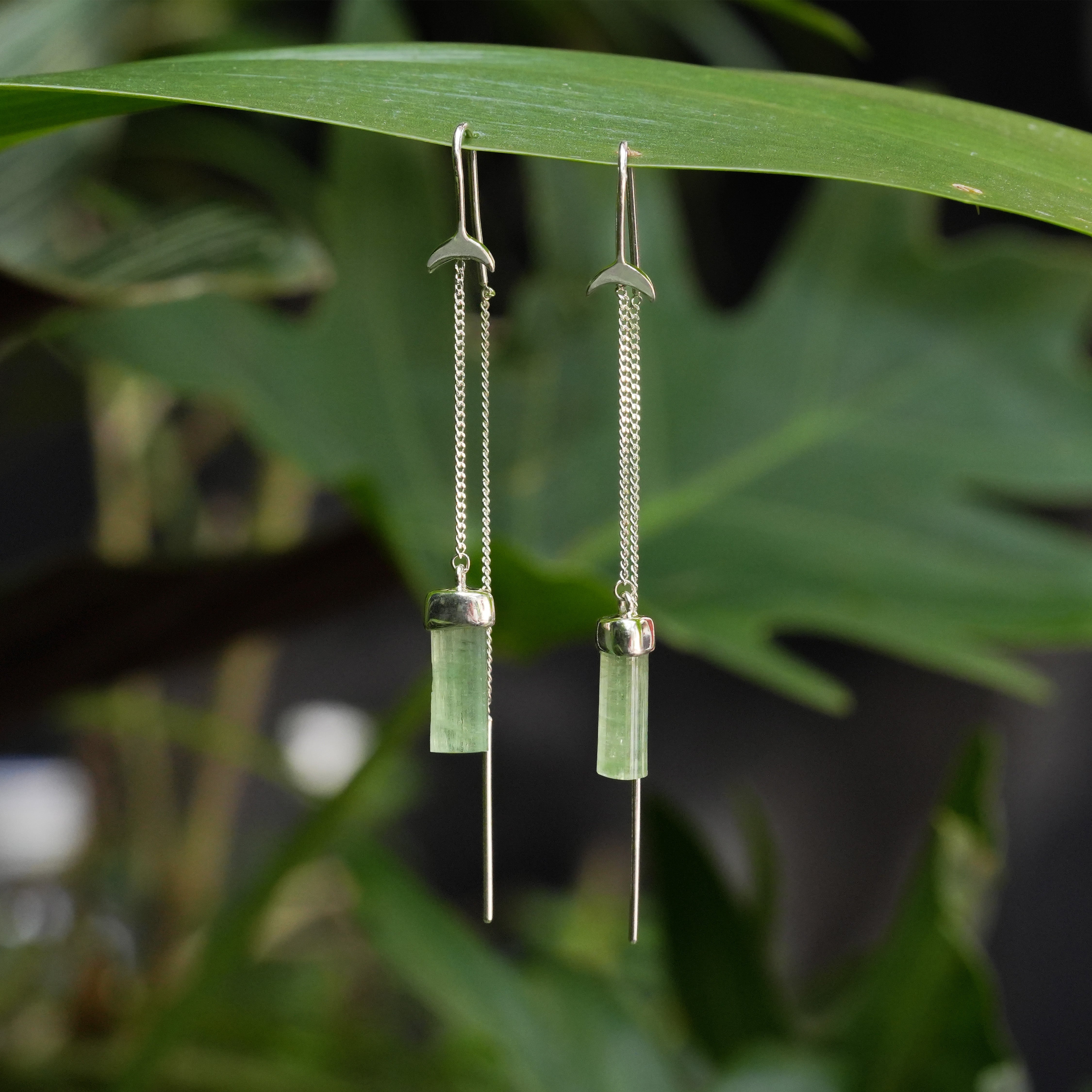 Starborn Tourmaline Crystal Threader Earrings with Crescent Moon Accents in Sterling Silver