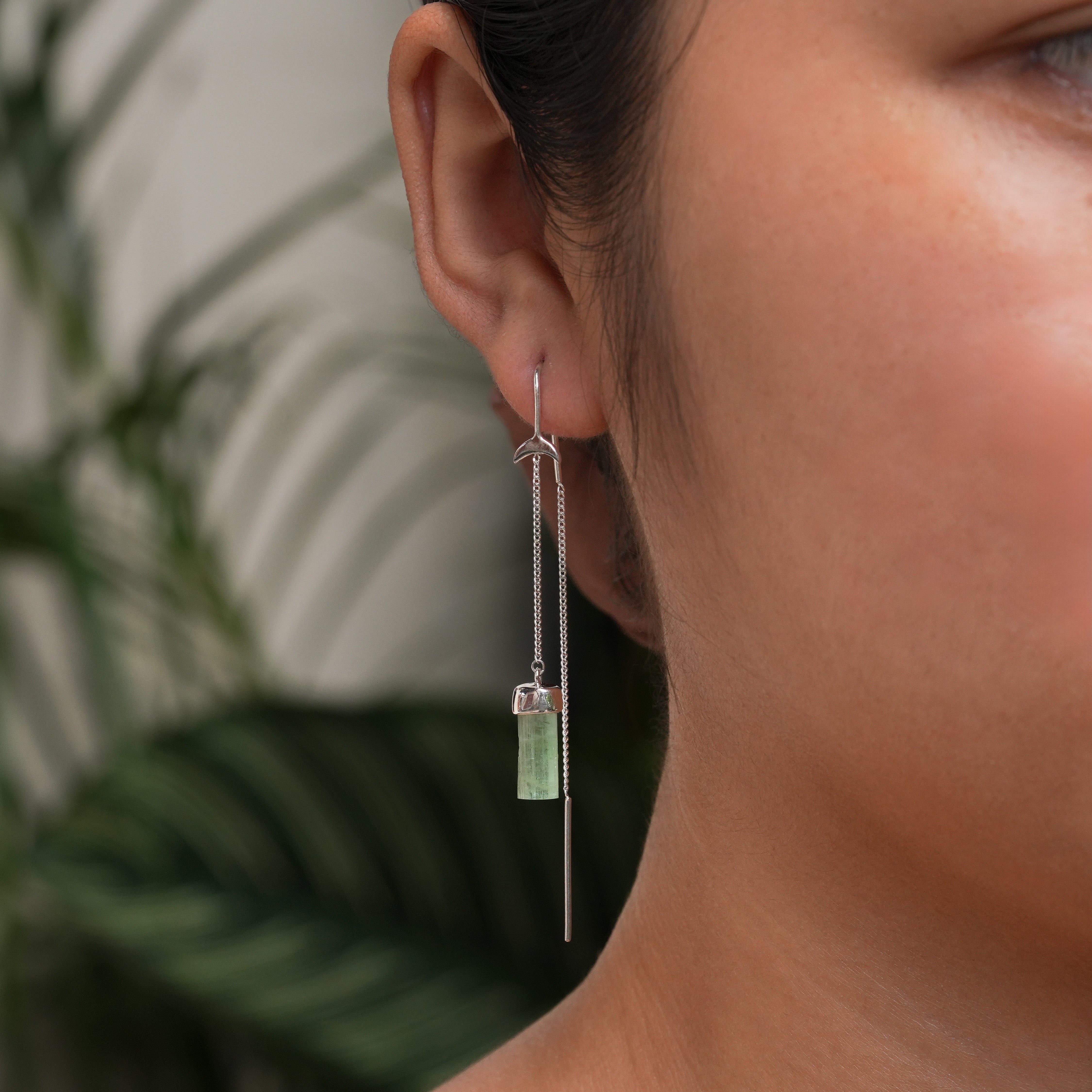 Starborn Tourmaline Crystal Threader Earrings with Crescent Moon Accents in Sterling Silver