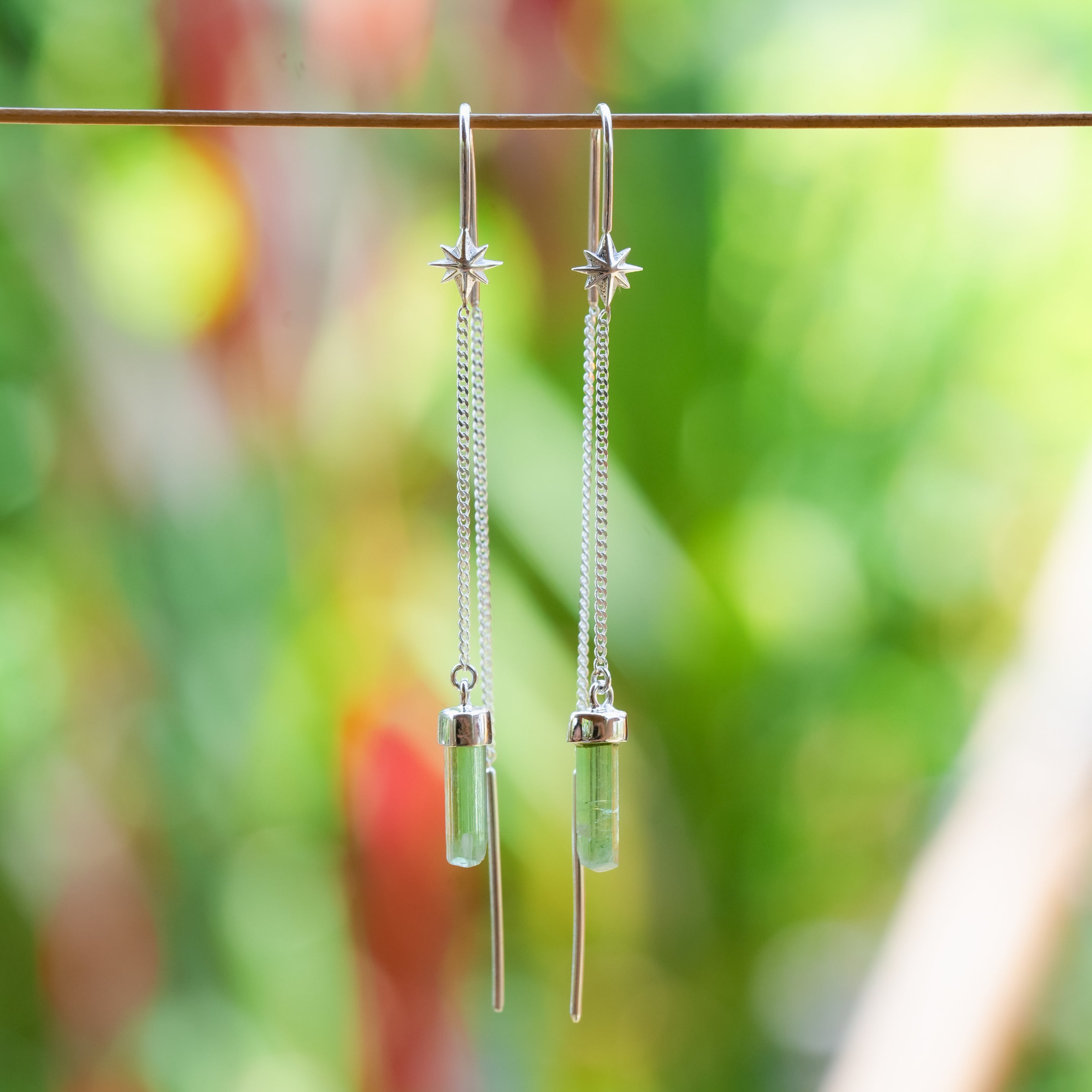Starborn Tourmaline Crystal Threader Earring with Star Accent in Sterling Silver
