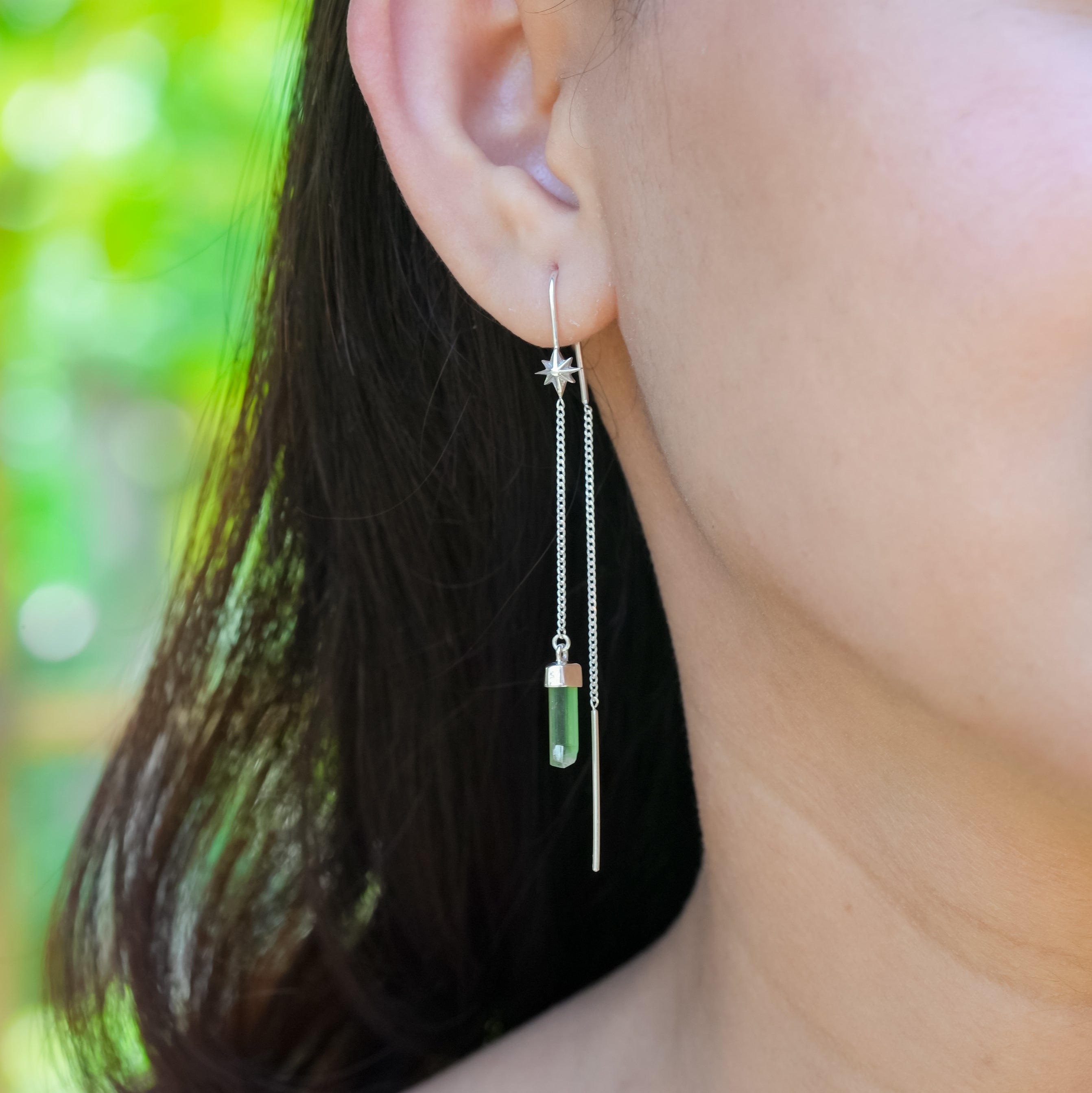 Starborn Tourmaline Crystal Threader Earring with Star Accent in Sterling Silver