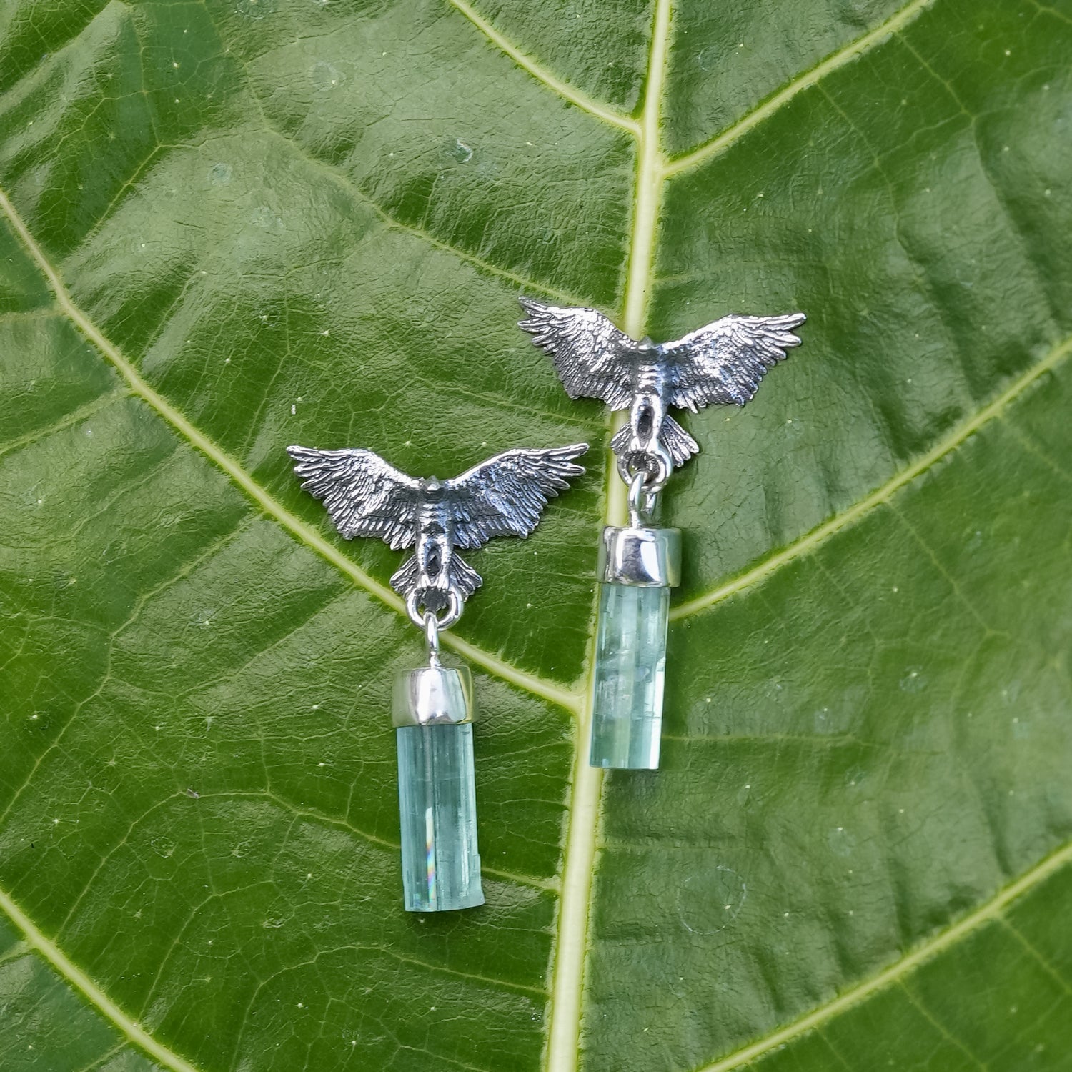 Starborn Green Tourmaline Crystal in Sterling Silver Eagle Earrings