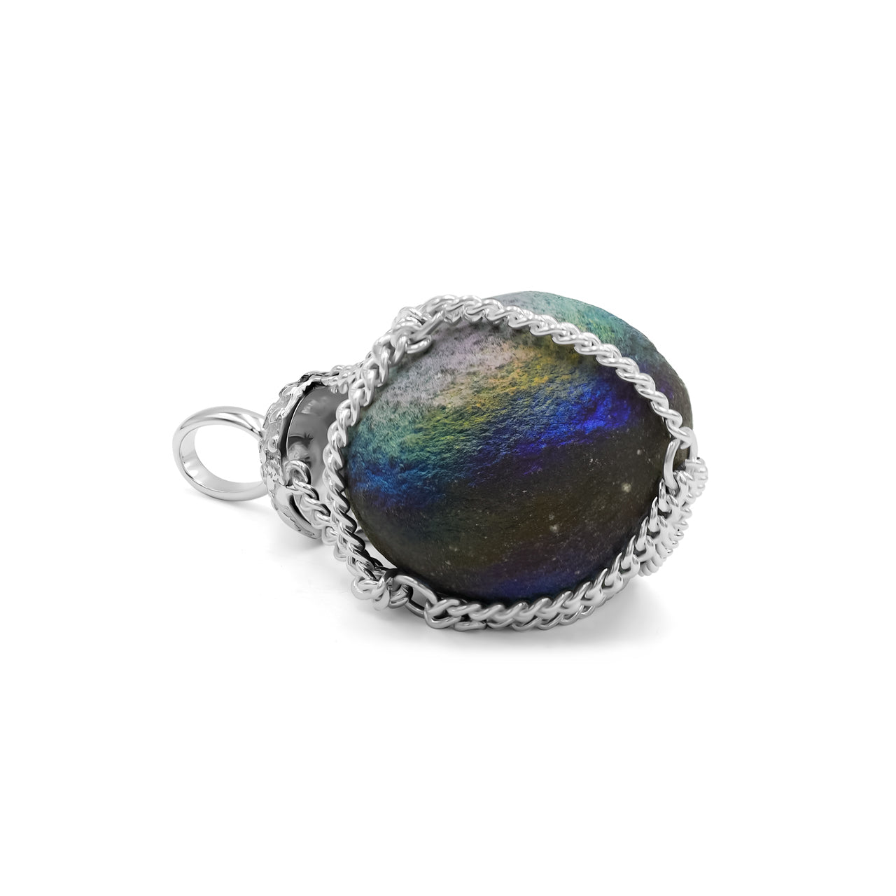 Starborn Unicorn Chalcedony Sphere Chain Basket Pendant in Sterling Silver