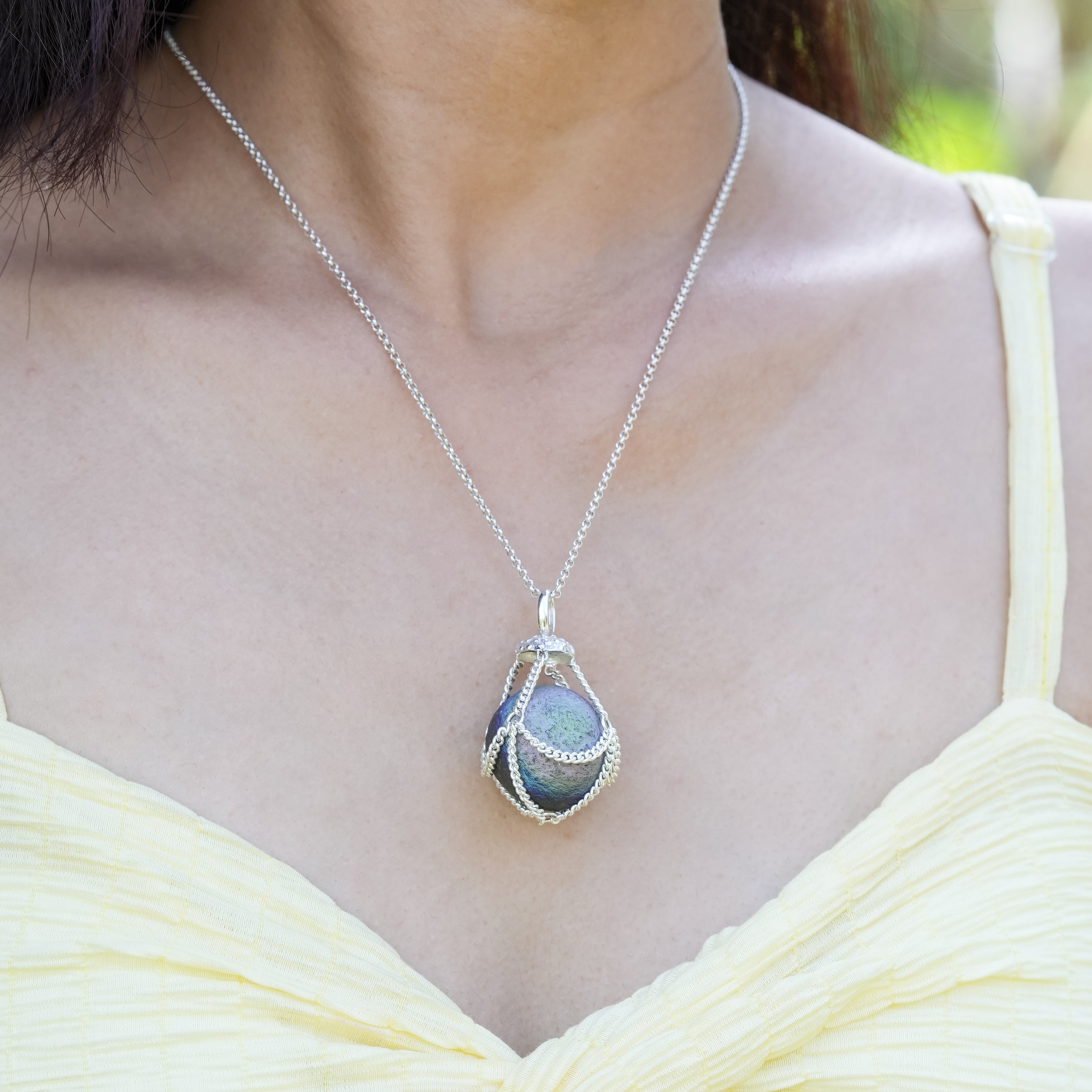 Starborn Unicorn Chalcedony Sphere Chain Basket Pendant in Sterling Silver