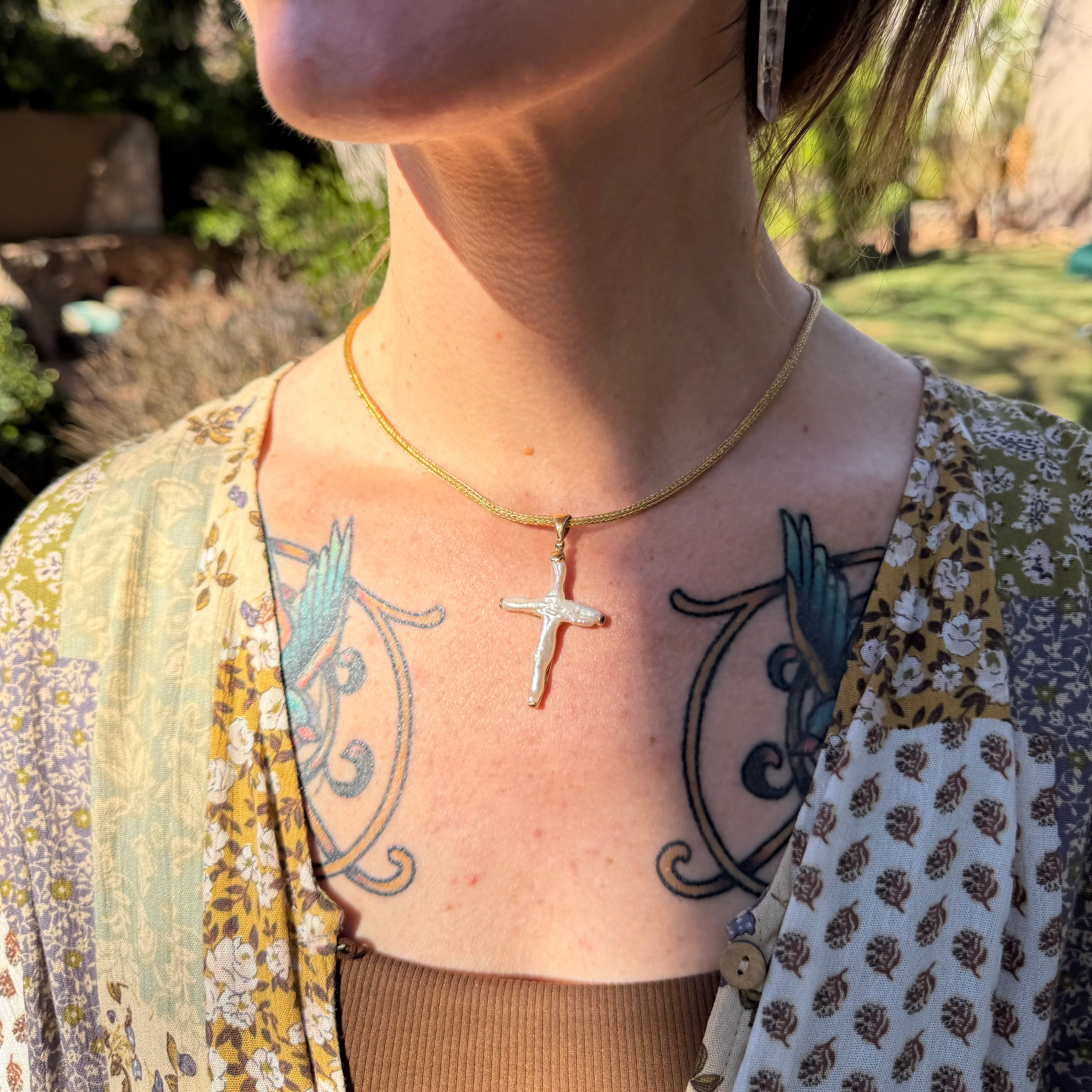 Starborn Cross Shaped Pearl Pendant in Nordic Gold