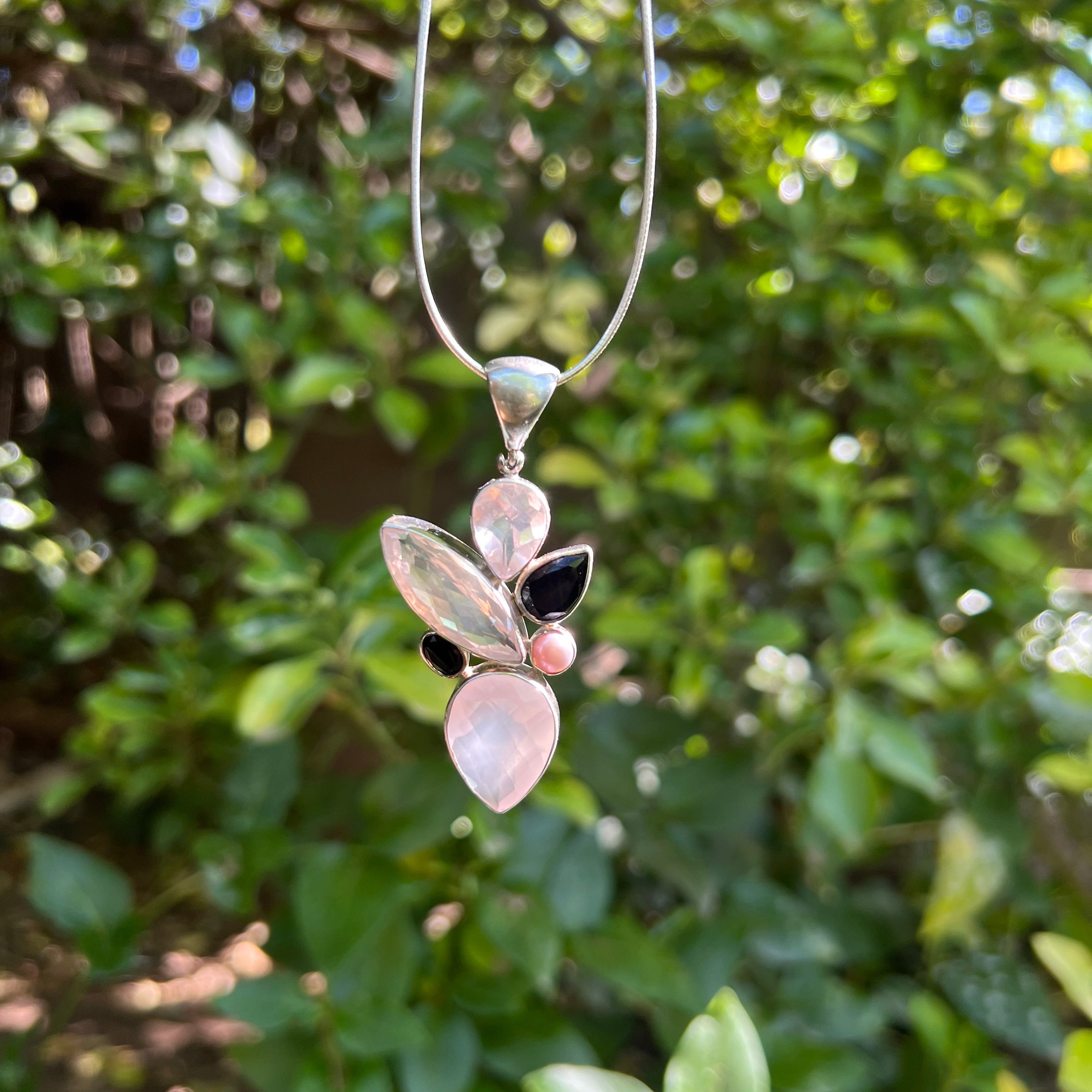 Starborn Rose Quartz & Onyx Pendant in Sterling Silver
