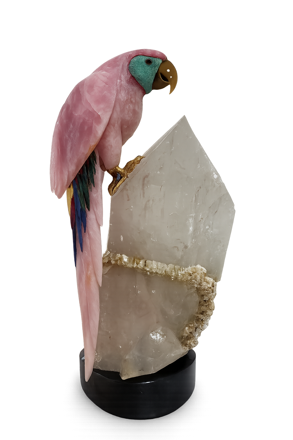 Rose Quartz Carved Parrot Alighted on a Large Brazilian Muscovite Incrusted Quartz Crystal