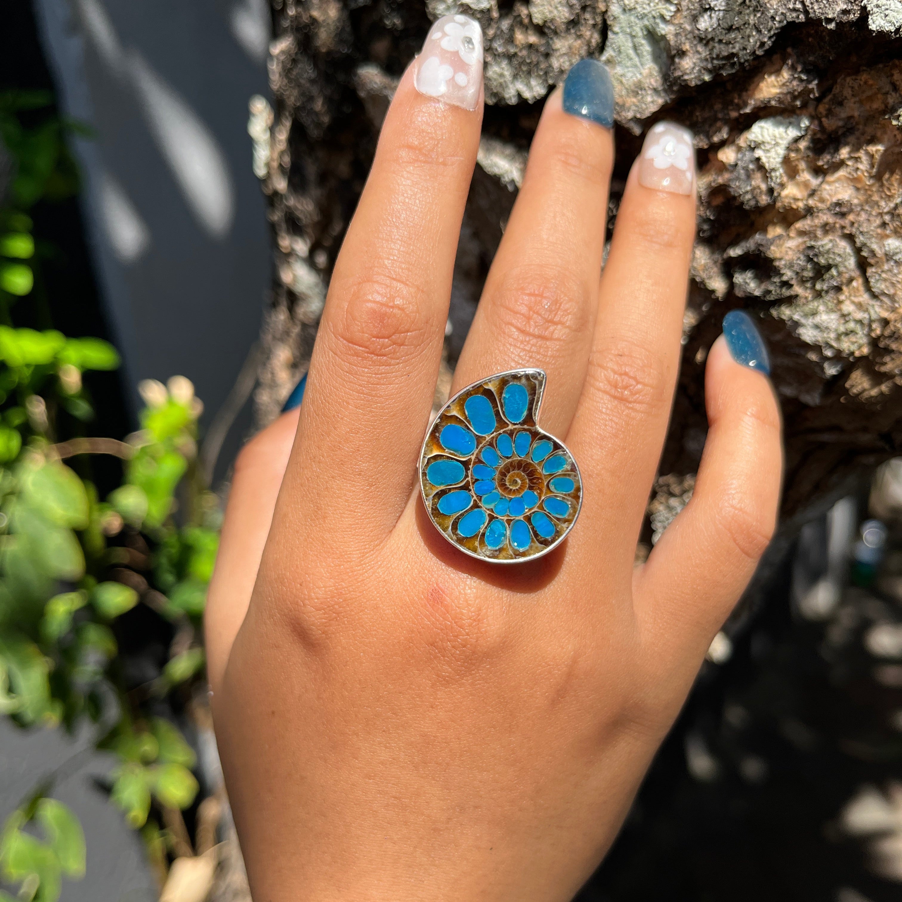 Starborn Ammonite with Peruvian Blue Opal Inlay Ring in Sterling Silver - Size 9