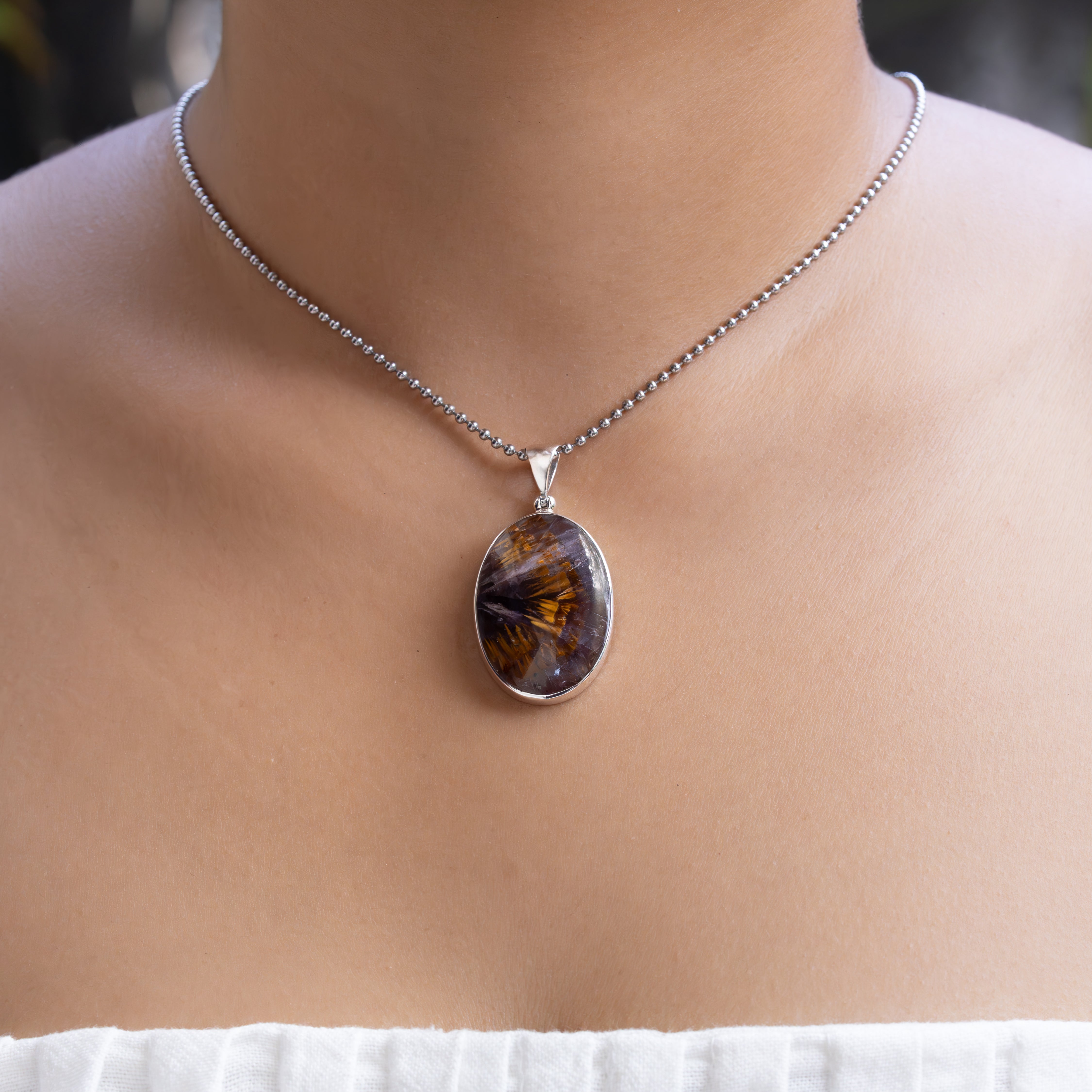 Starborn Amethyst Cacoxenite Oval Pendant in Sterling Silver - 1 Piece