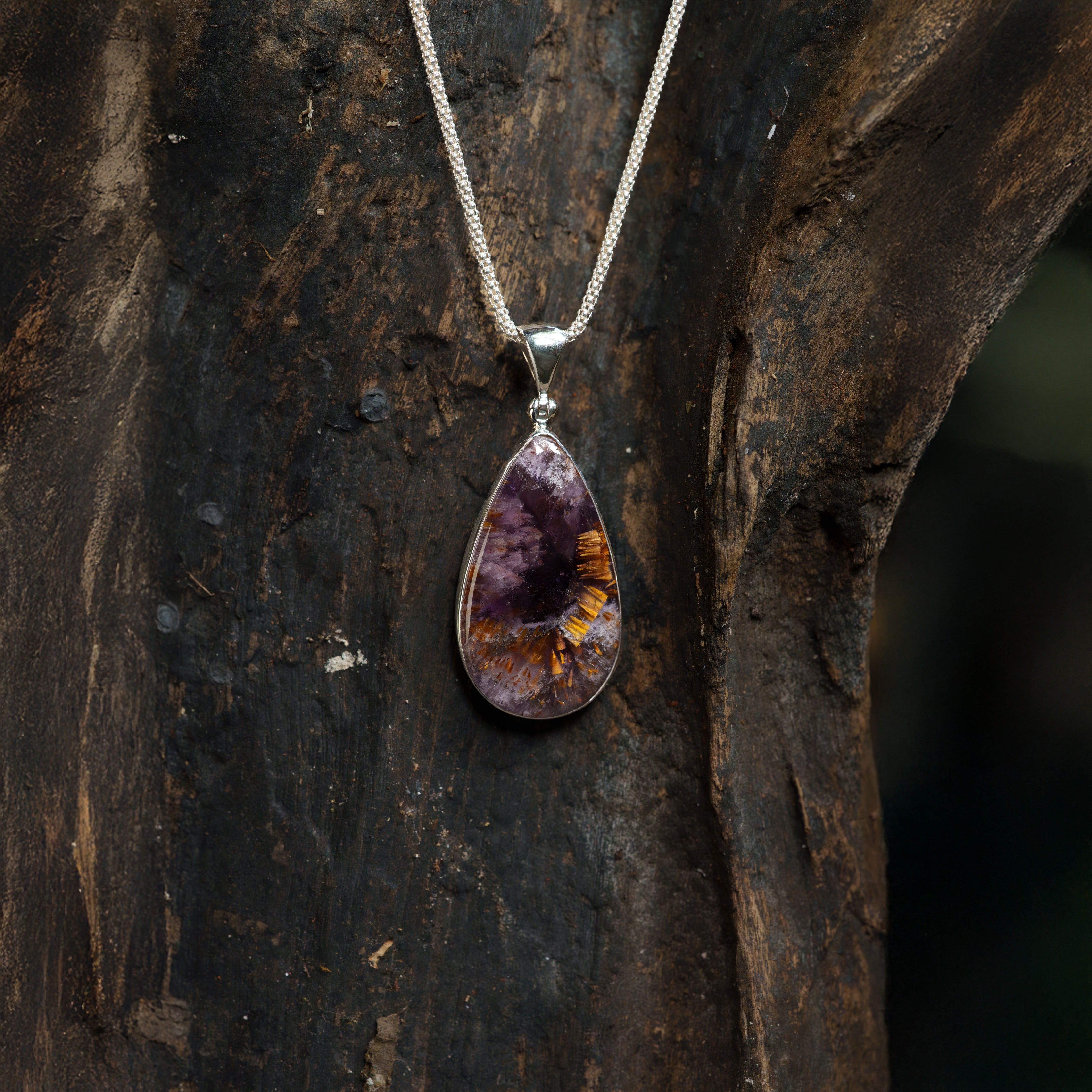 Starborn Amethyst Cacoxenite Pear Pendant in Sterling Silver
