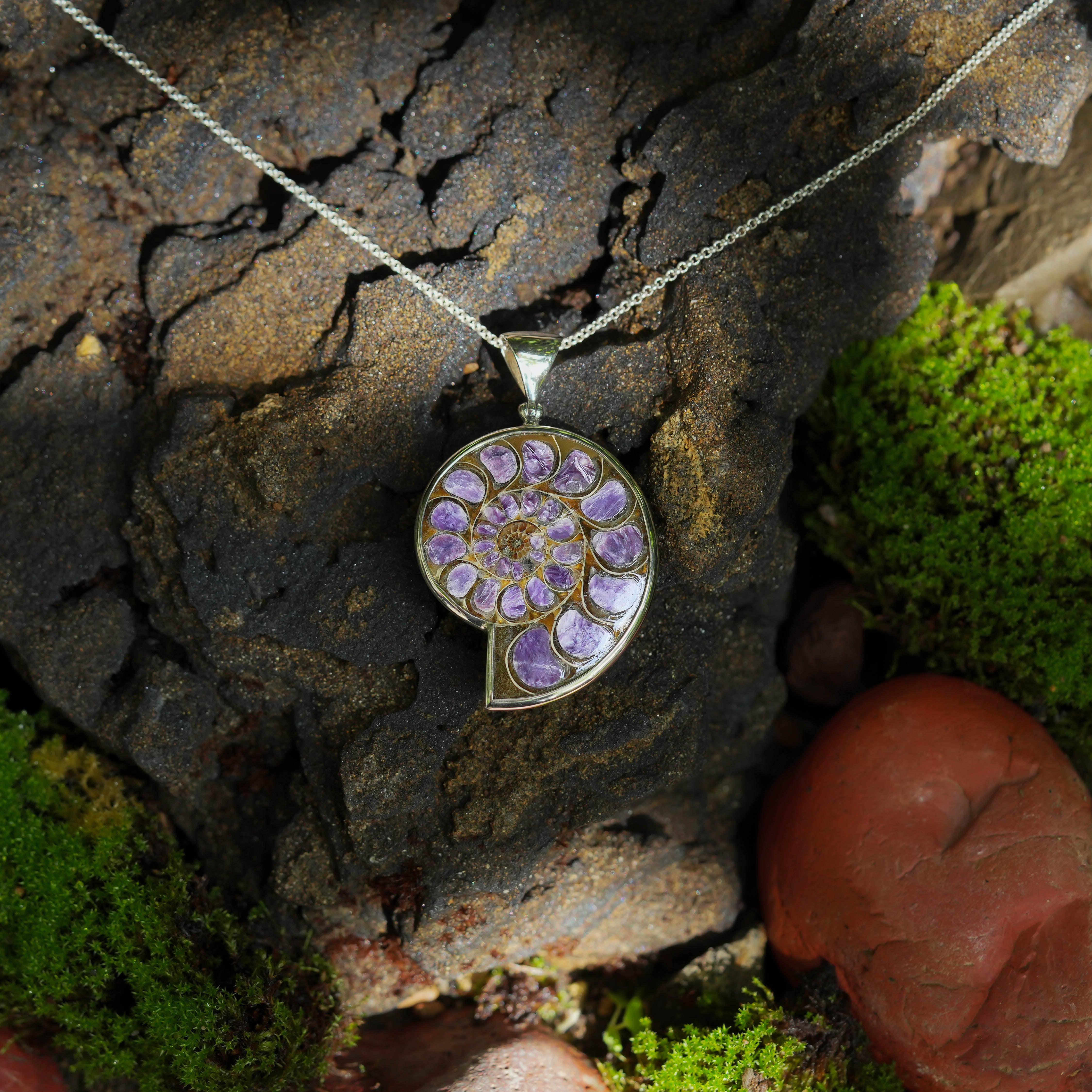 Starborn Ammonite with Charoite Inlay Pendant in Sterling Silver