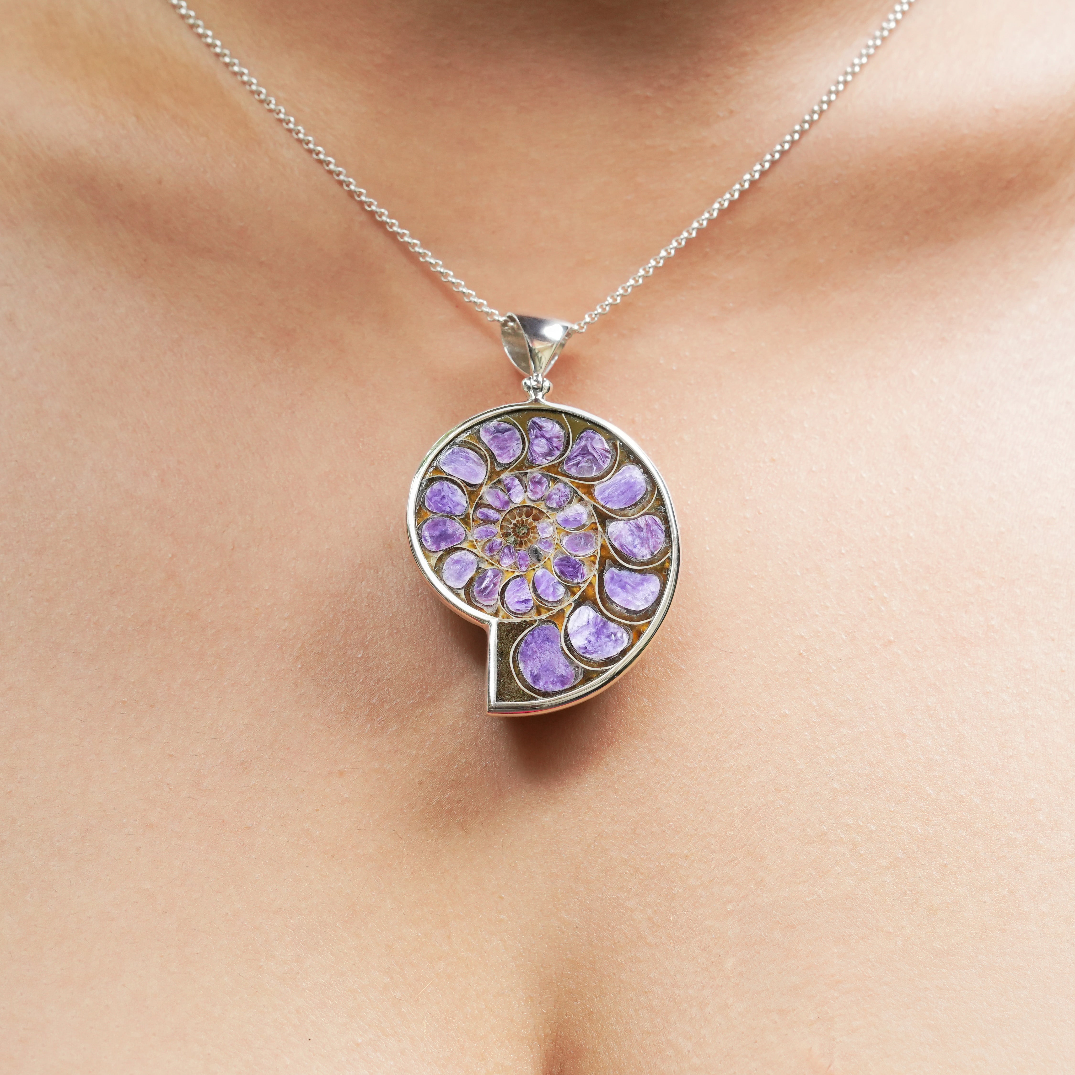 Starborn Ammonite with Charoite Inlay Pendant in Sterling Silver