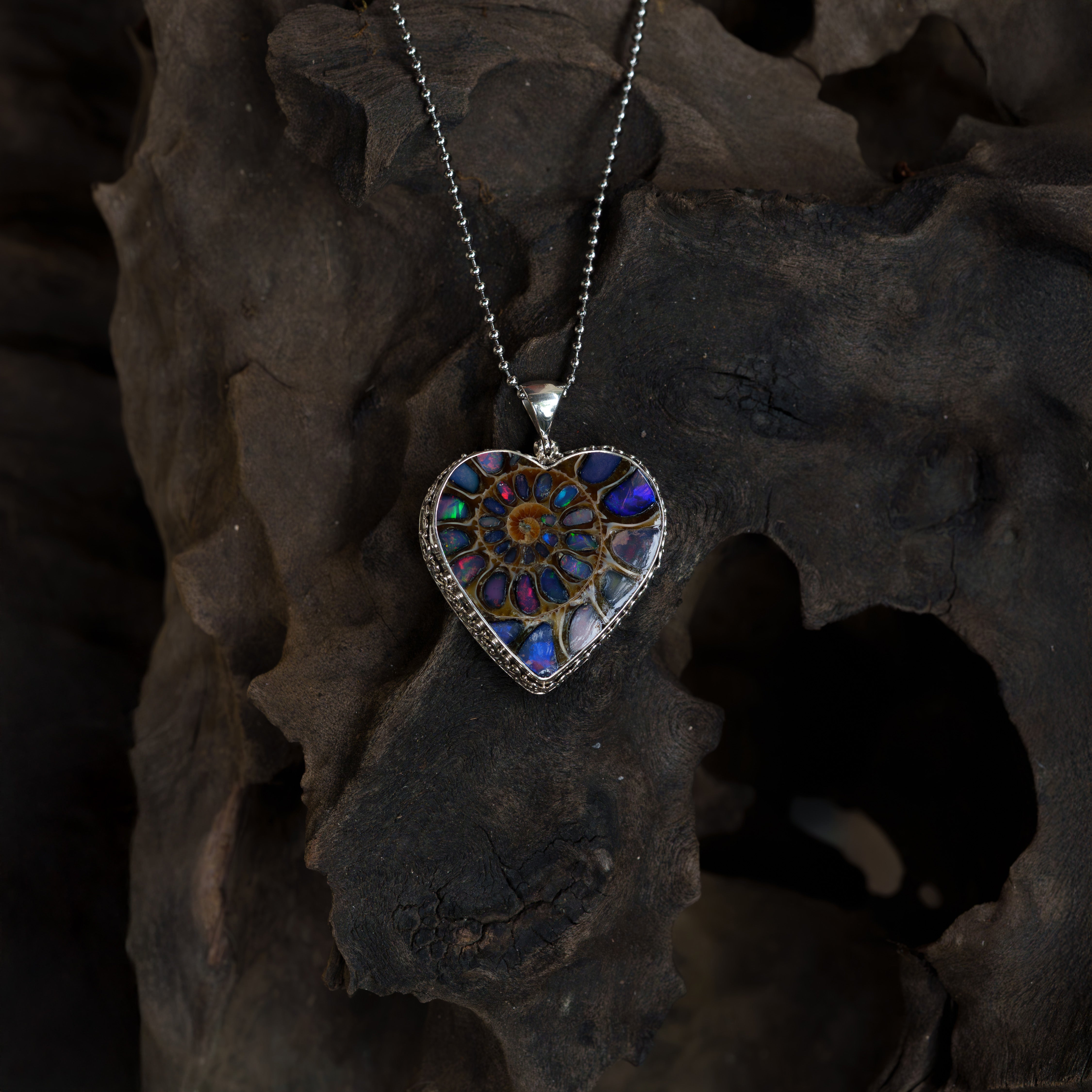 Starborn Ammonite with Natural Ethiopian Opal Inlay Heart-Shaped Pendant in Sterling Silver