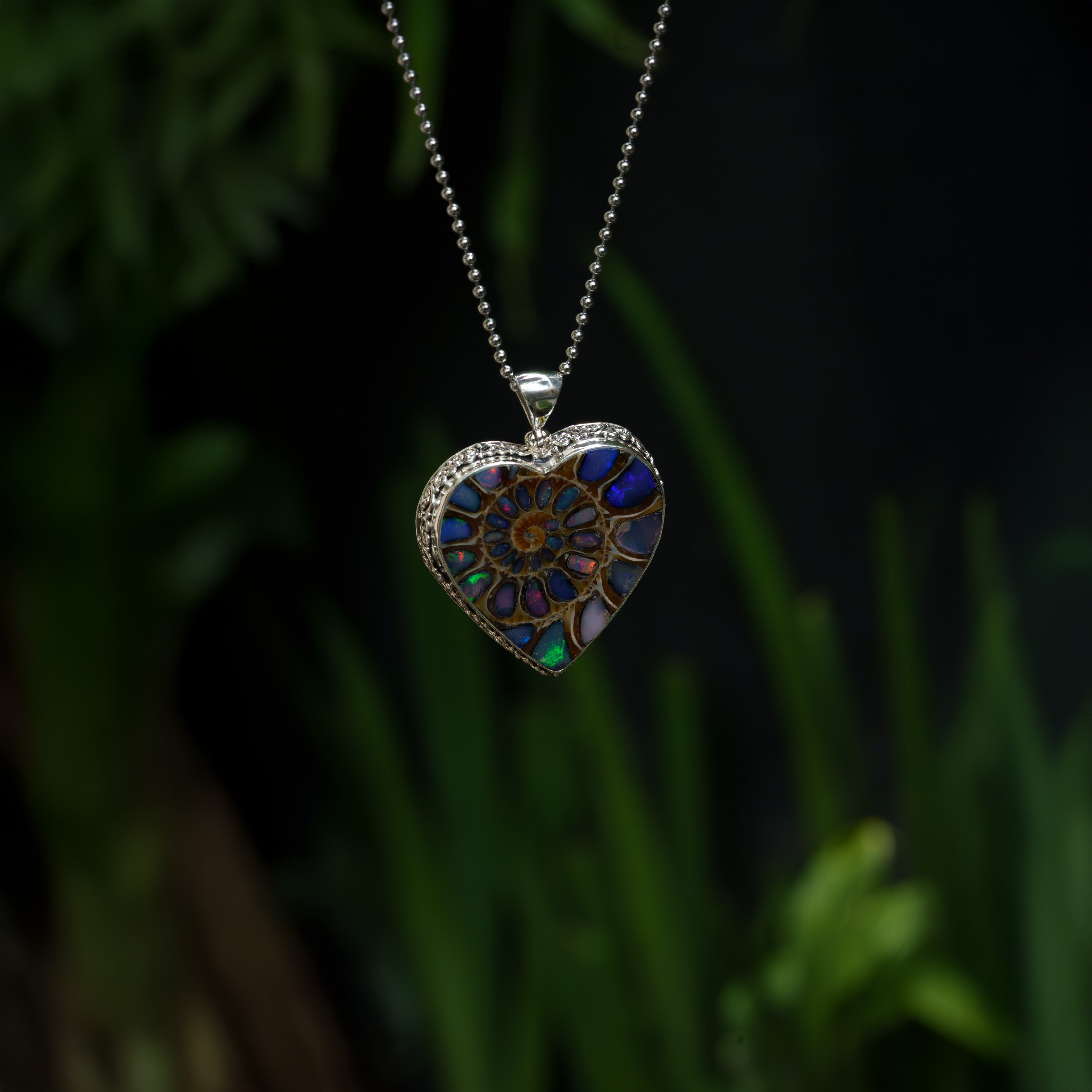 Starborn Ammonite with Natural Ethiopian Opal Inlay Heart-Shaped Pendant in Sterling Silver