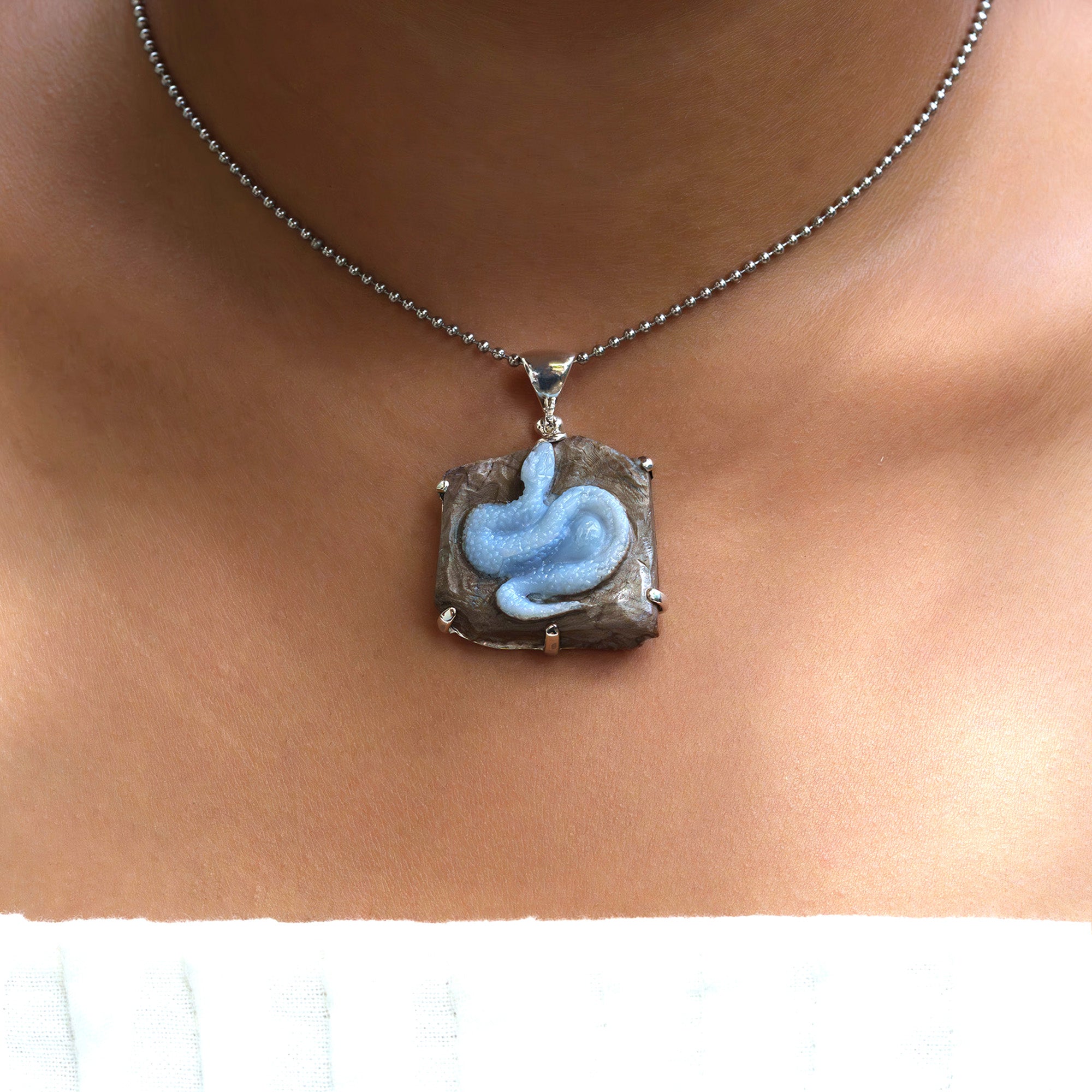 Starborn Owyhee Blue Opal Snake Carving Pendant in Sterling Silver - 1 Piece