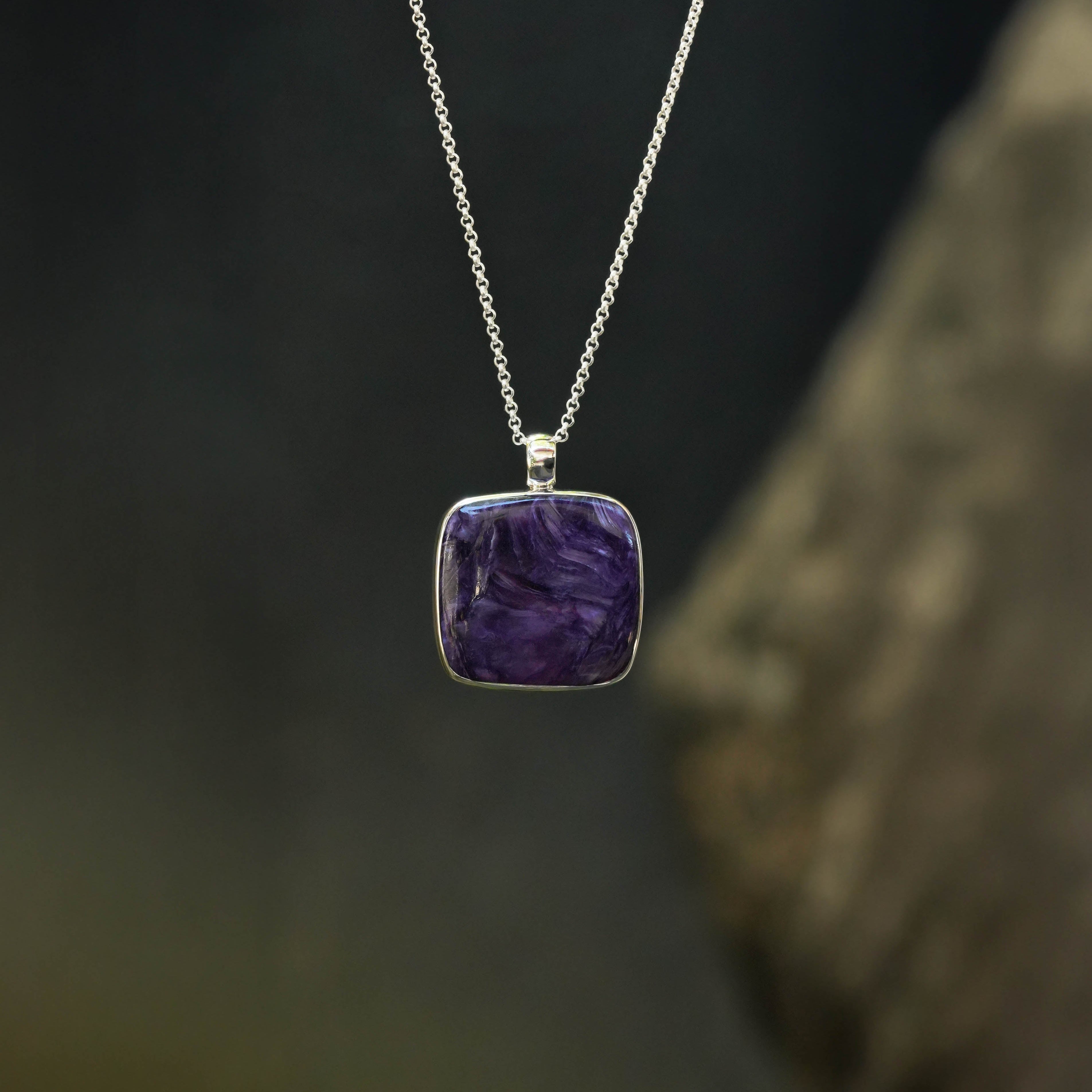 Starborn Charoite Square Pendant in Fine Sterling Silver