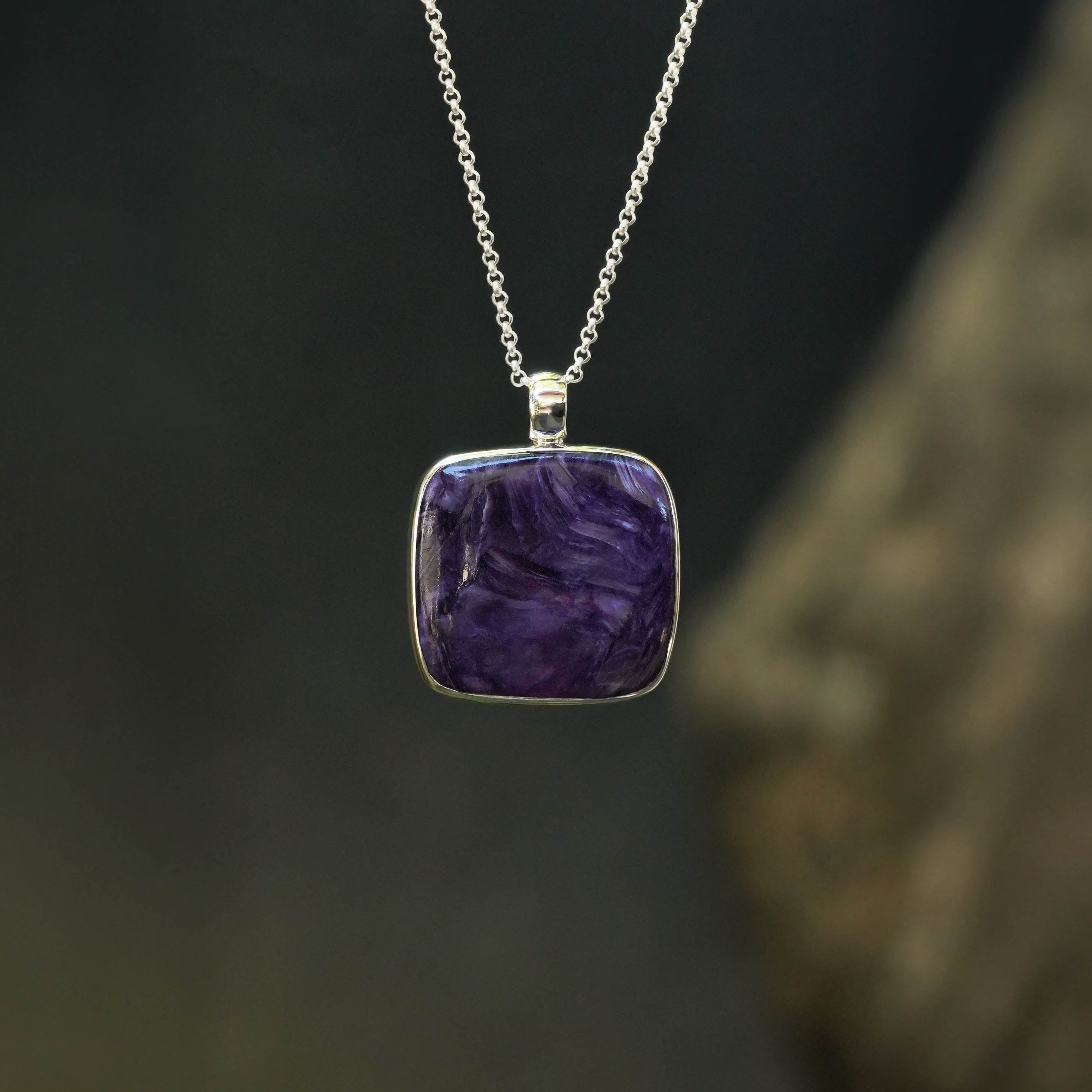 Starborn Charoite Square Pendant in Fine Sterling Silver