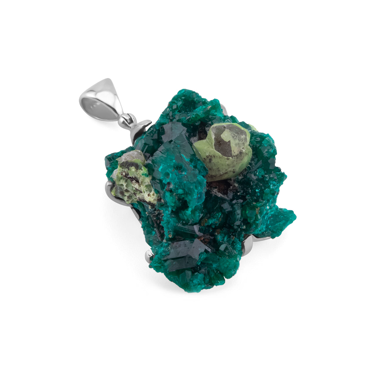 Starborn Dioptase and Dufftite Prong Set Pendant in Sterling Silver