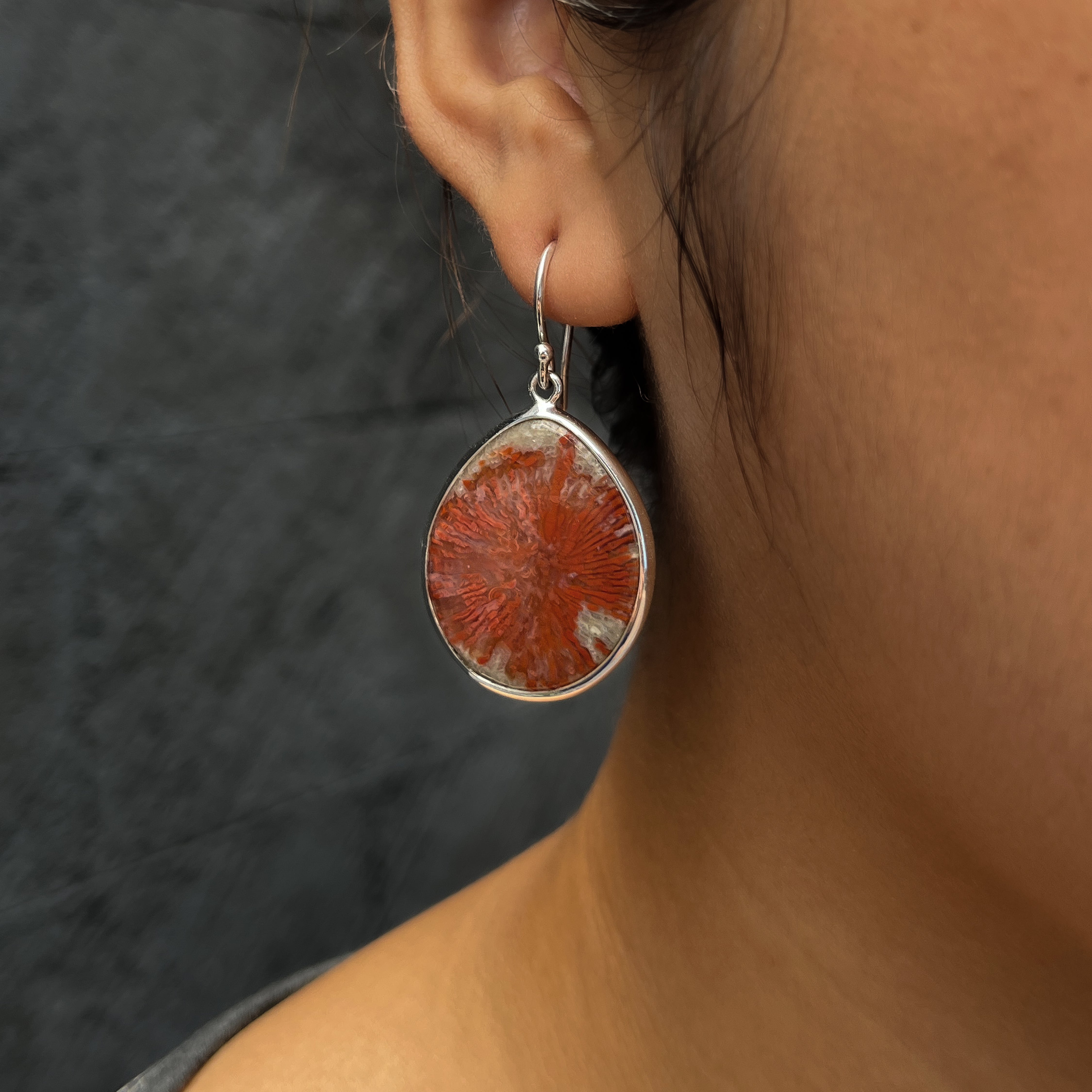 Starborn Utah Fossil Red Horn Coral Earring in Sterling Silver