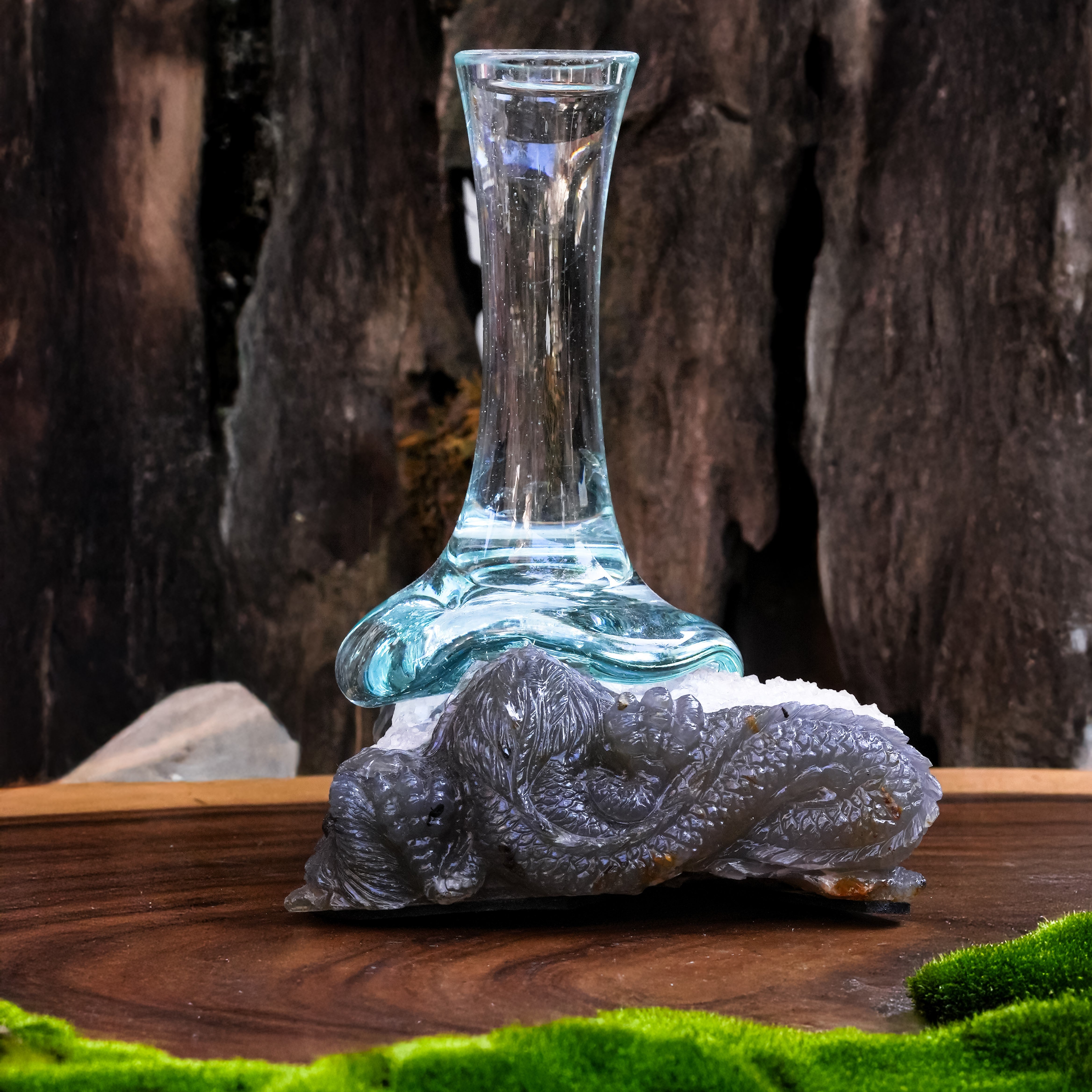 Starborn Handblown Molten Glass Vase on Hand Carved Geode Dragon Carving