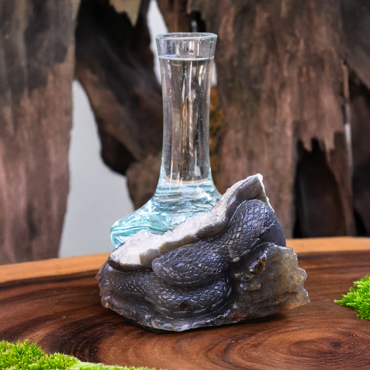 Starborn Handblown Molten Glass Vase on Hand Carved Geode Dragon Carving