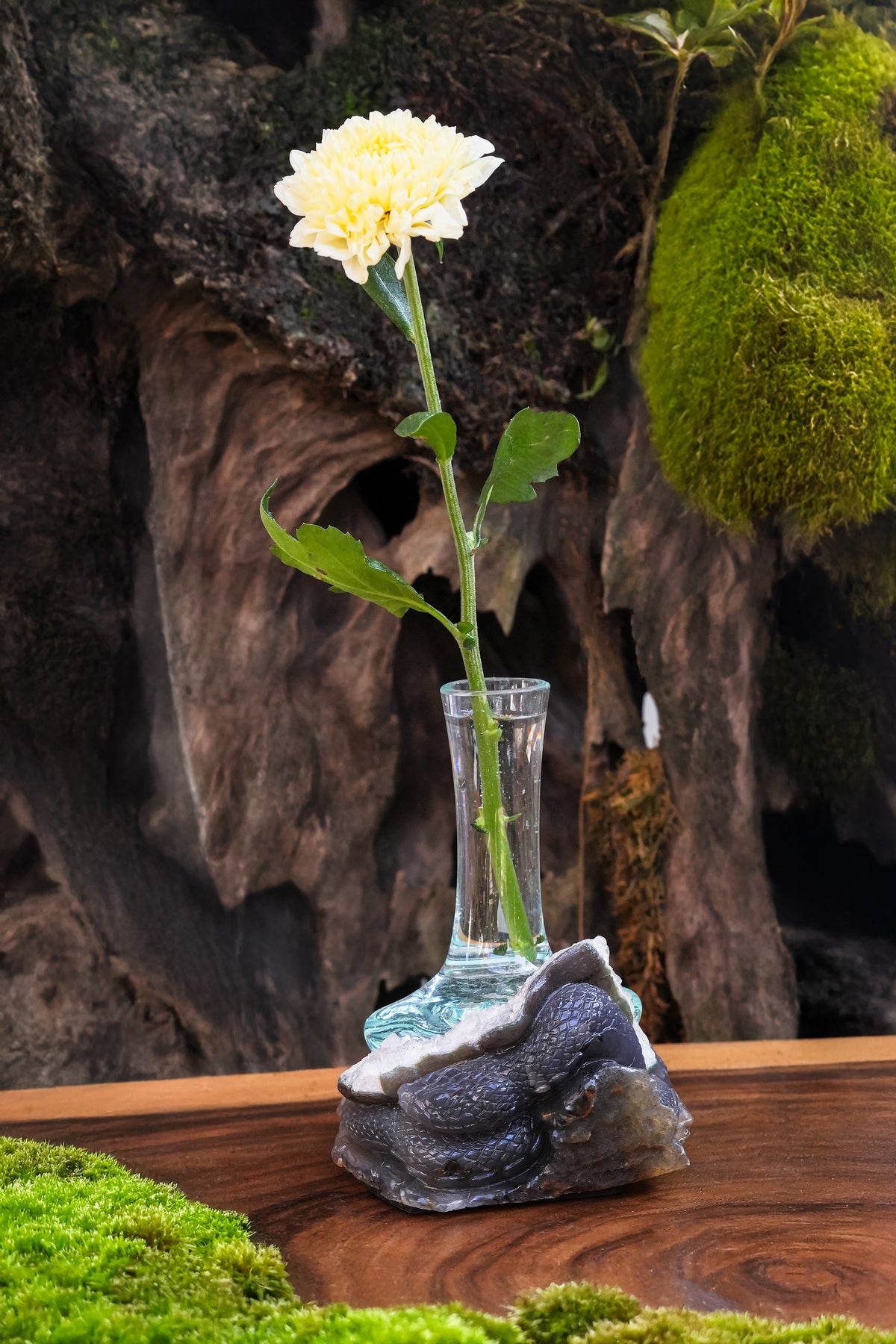 Starborn Handblown Molten Glass Vase on Hand Carved Geode Dragon Carving