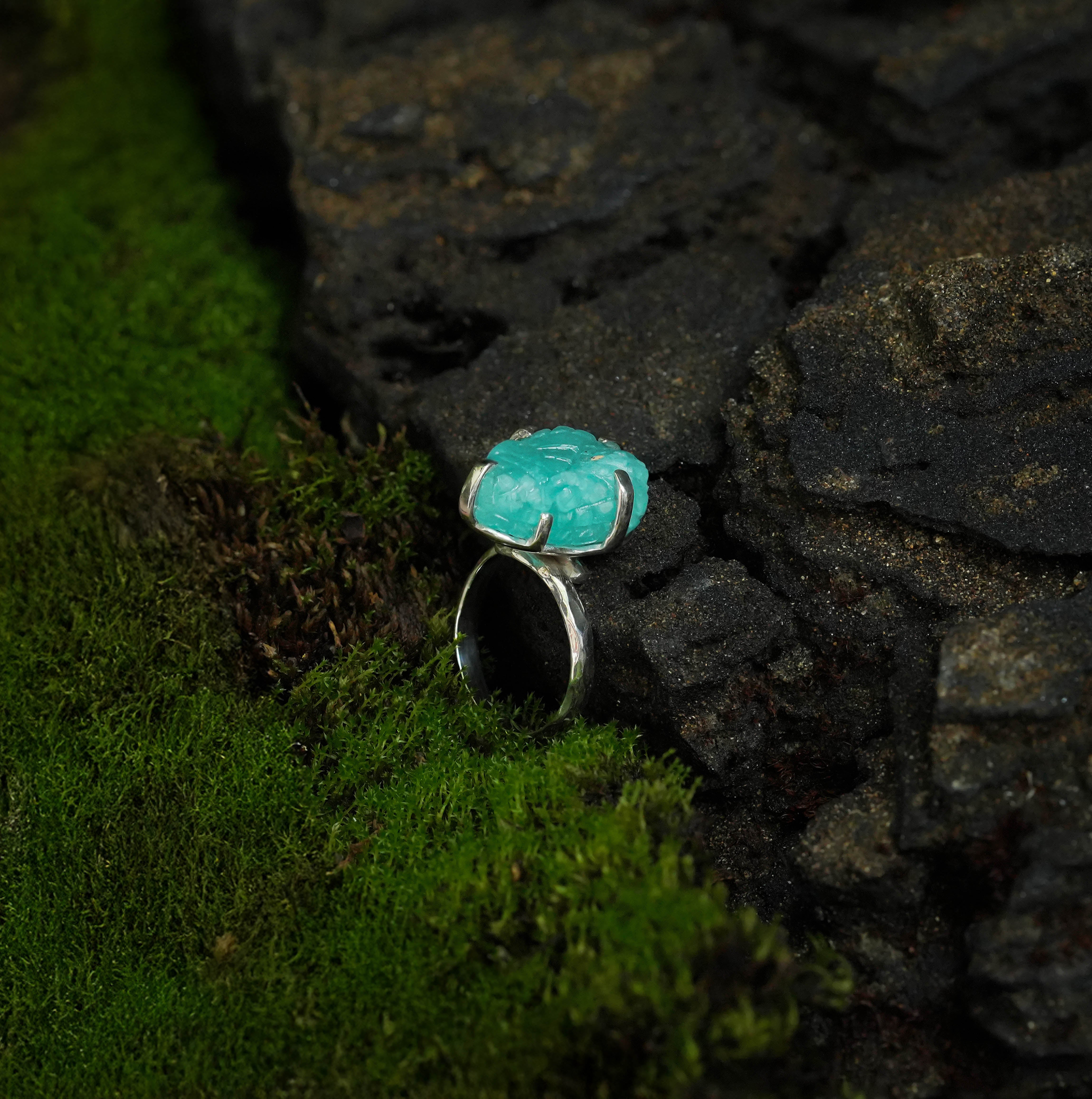 Starborn Hand-Carved Hemimophite Snake Head Ring in Sterling Silver - Size 8