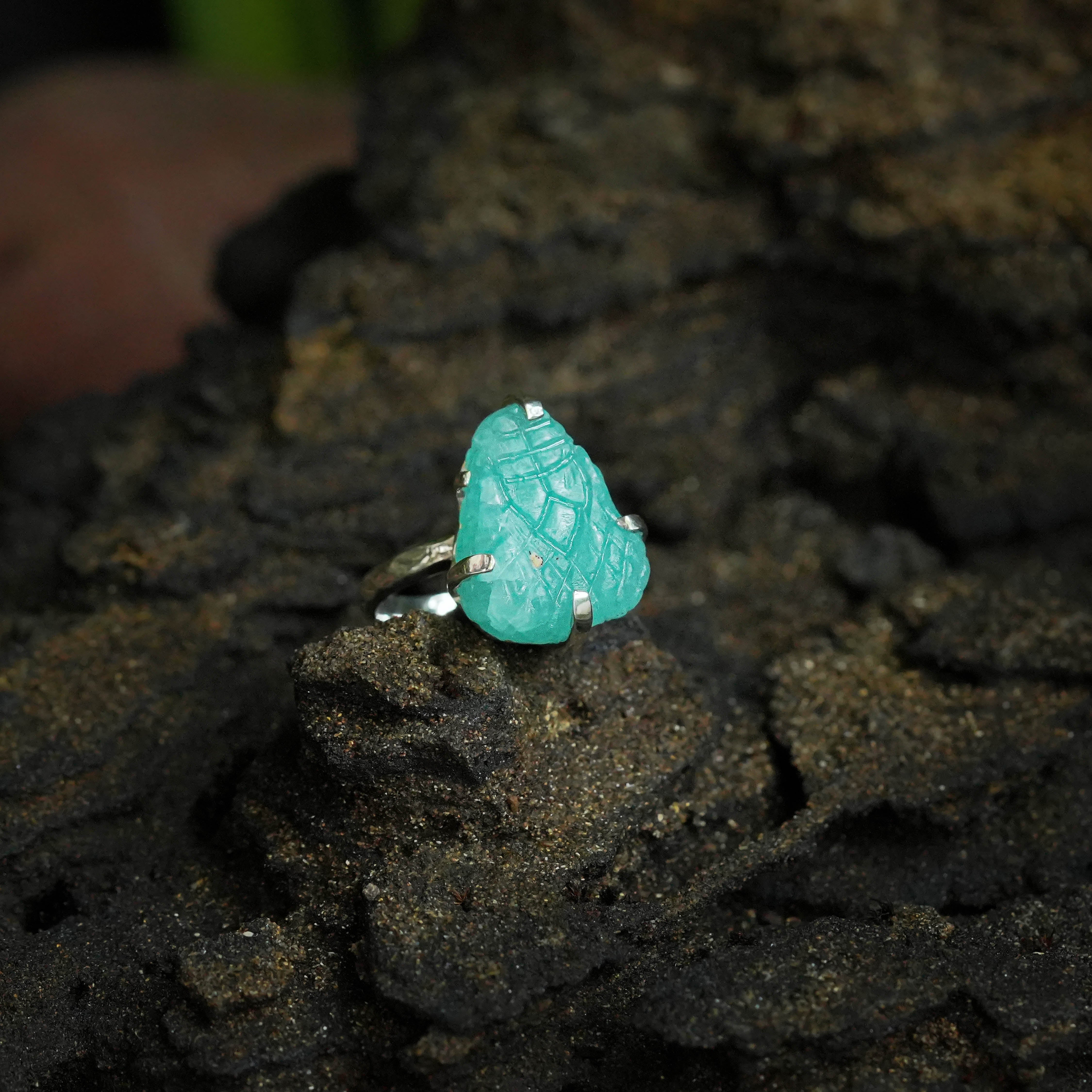 Starborn Hand-Carved Hemimophite Snake Head Ring in Sterling Silver - Size 8