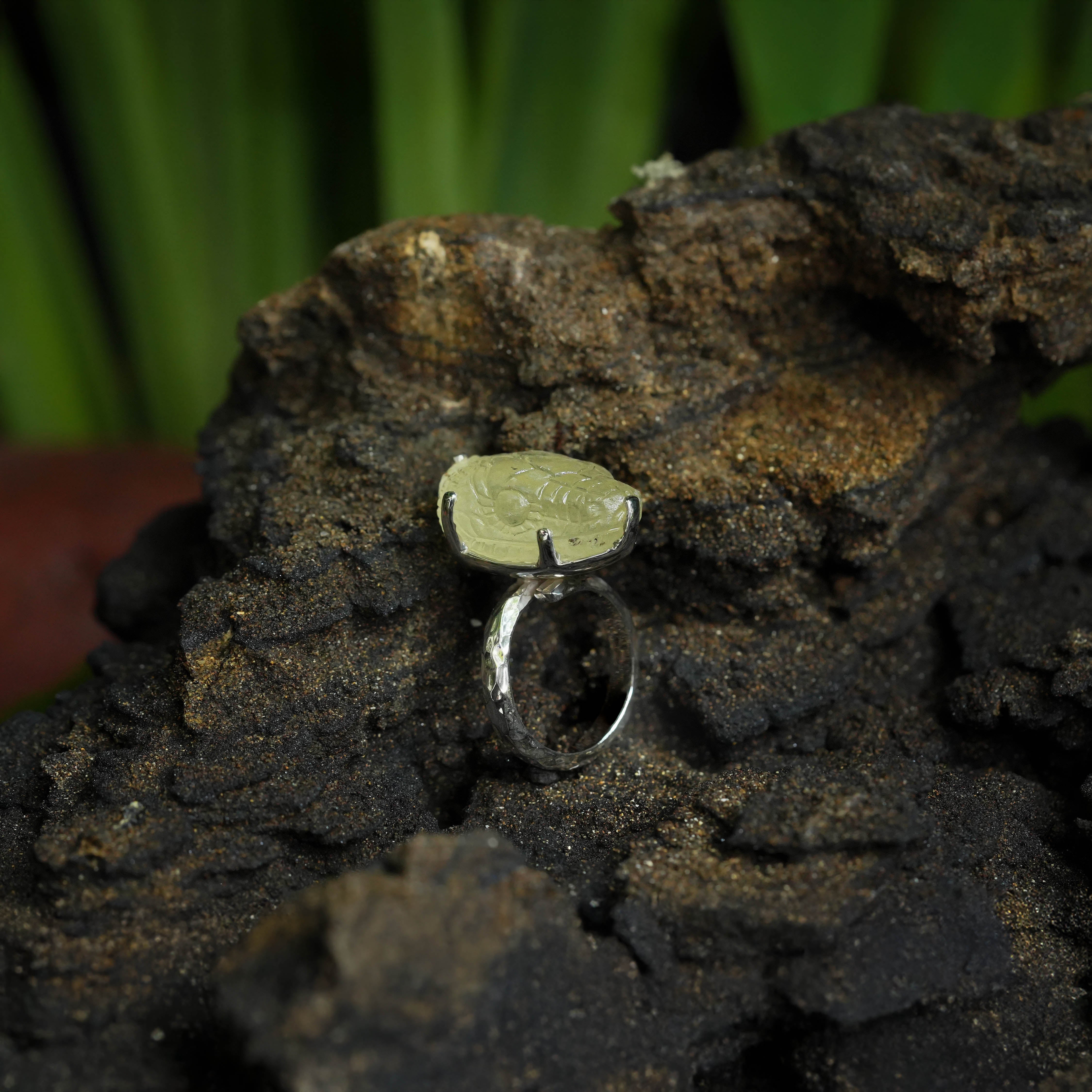 Starborn Hand-Carved Libyan Desert Tektite Snake Head Ring in Sterling Silver - Size 8