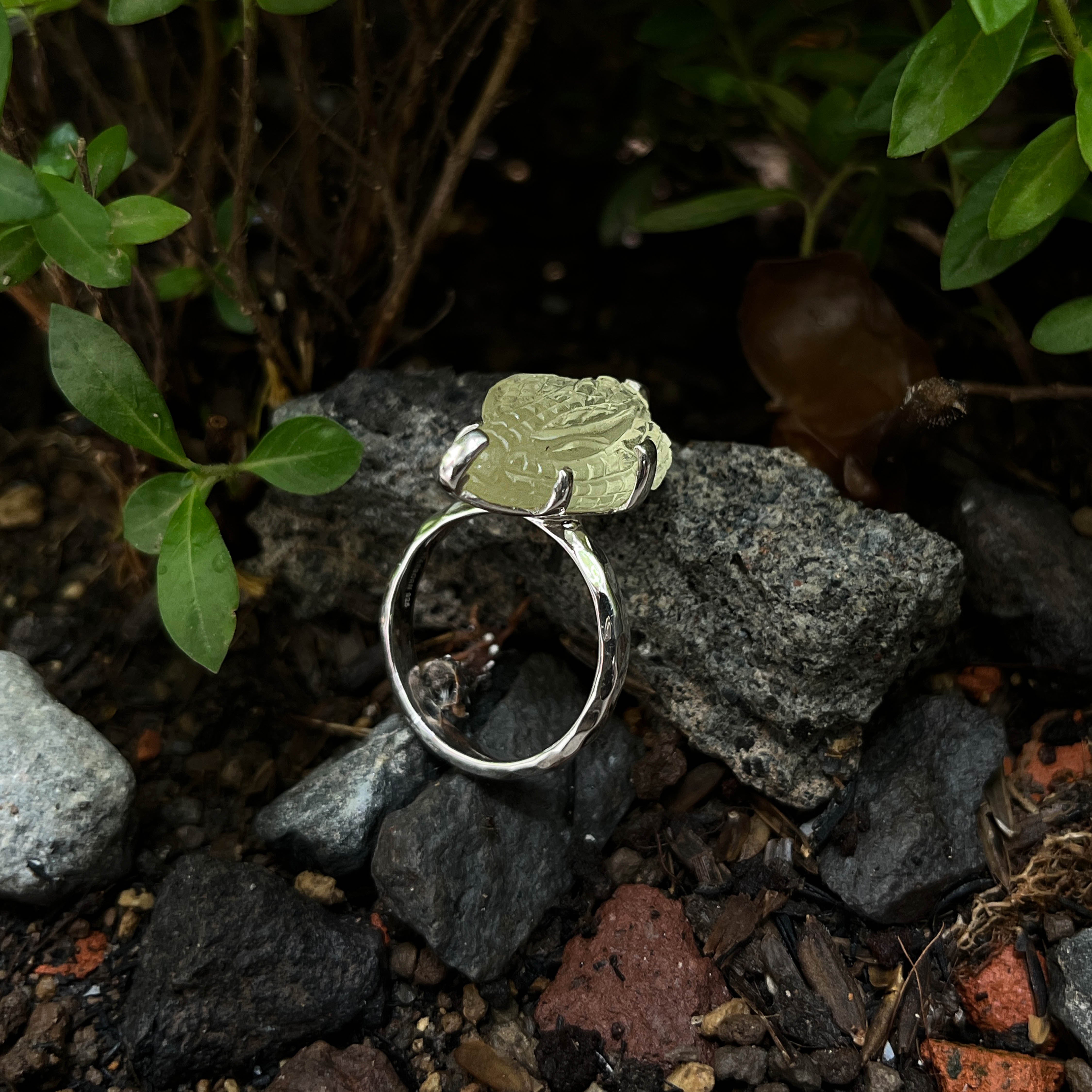 Starborn Hand-Carved Libyan Desert Tektite Snake Head Ring in Sterling Silver - Size 8