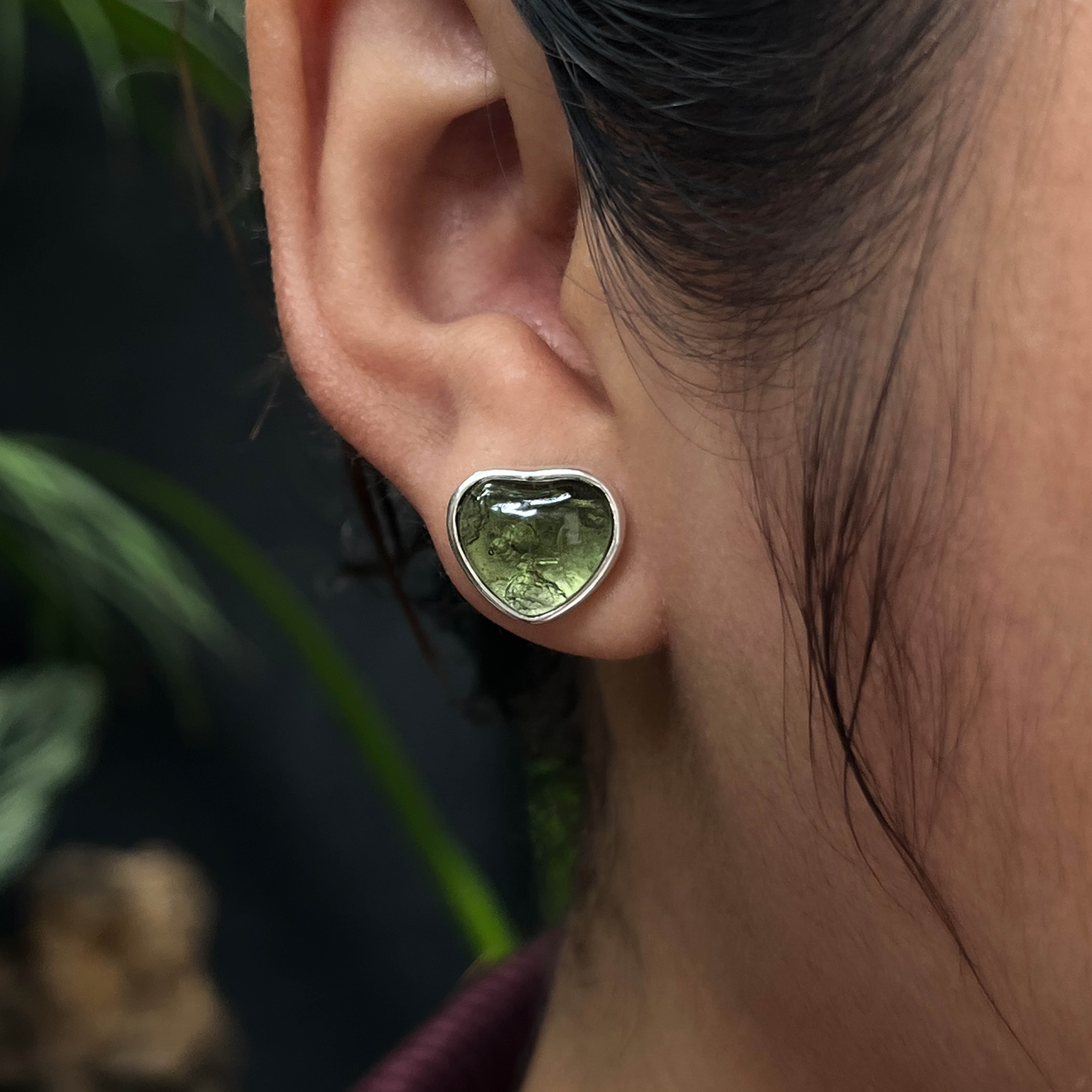 Starborn Moldavite Heart Post Earrings in Sterling Silver