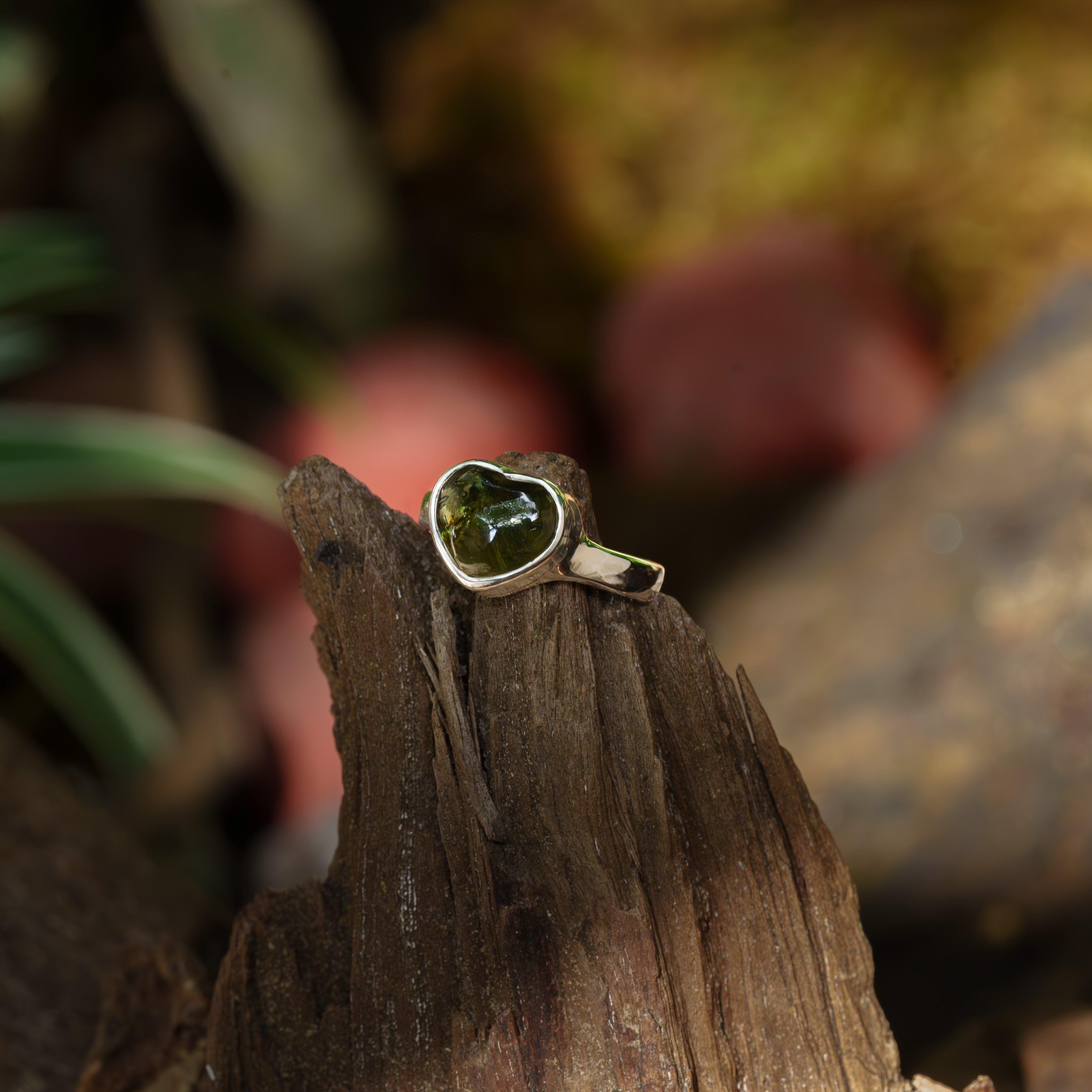 Starborn Moldavite Heart Ring in Sterling Silver - Size 8