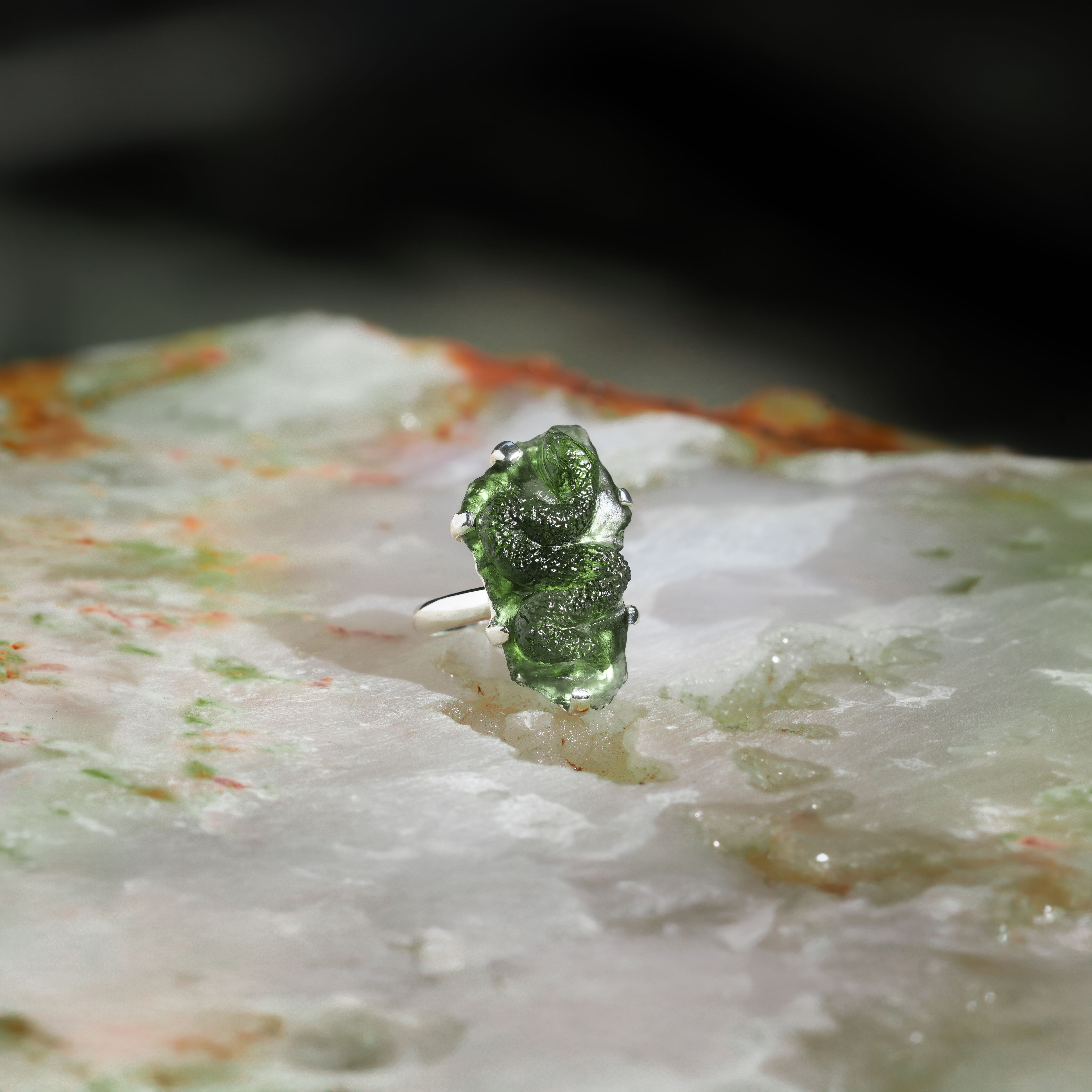 Starborn Hand-Carved Moldavite Snake Ring in Sterling Silver - Size 8