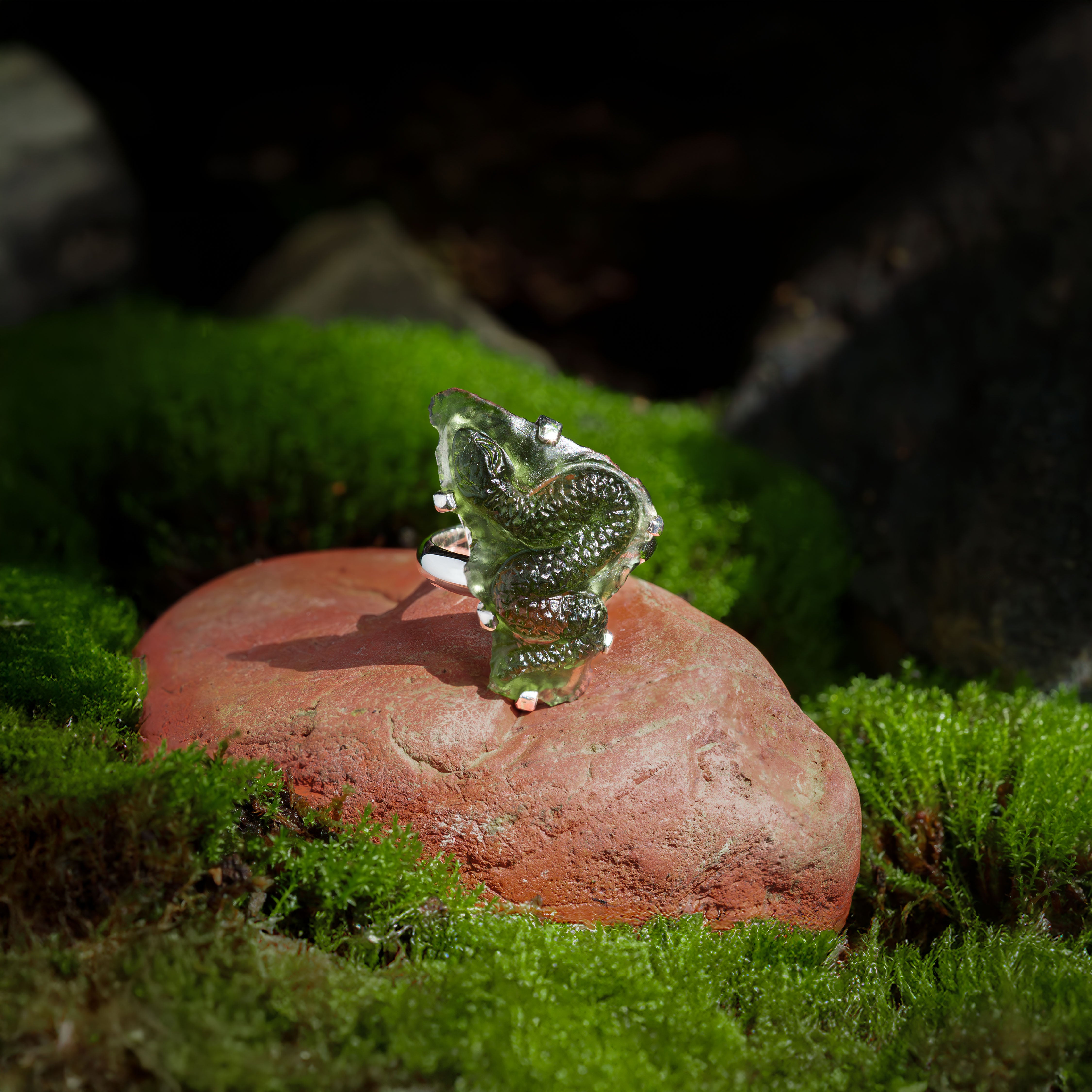 Starborn Hand-Carved Moldavite Snake Ring in Sterling SIlver - Size 9
