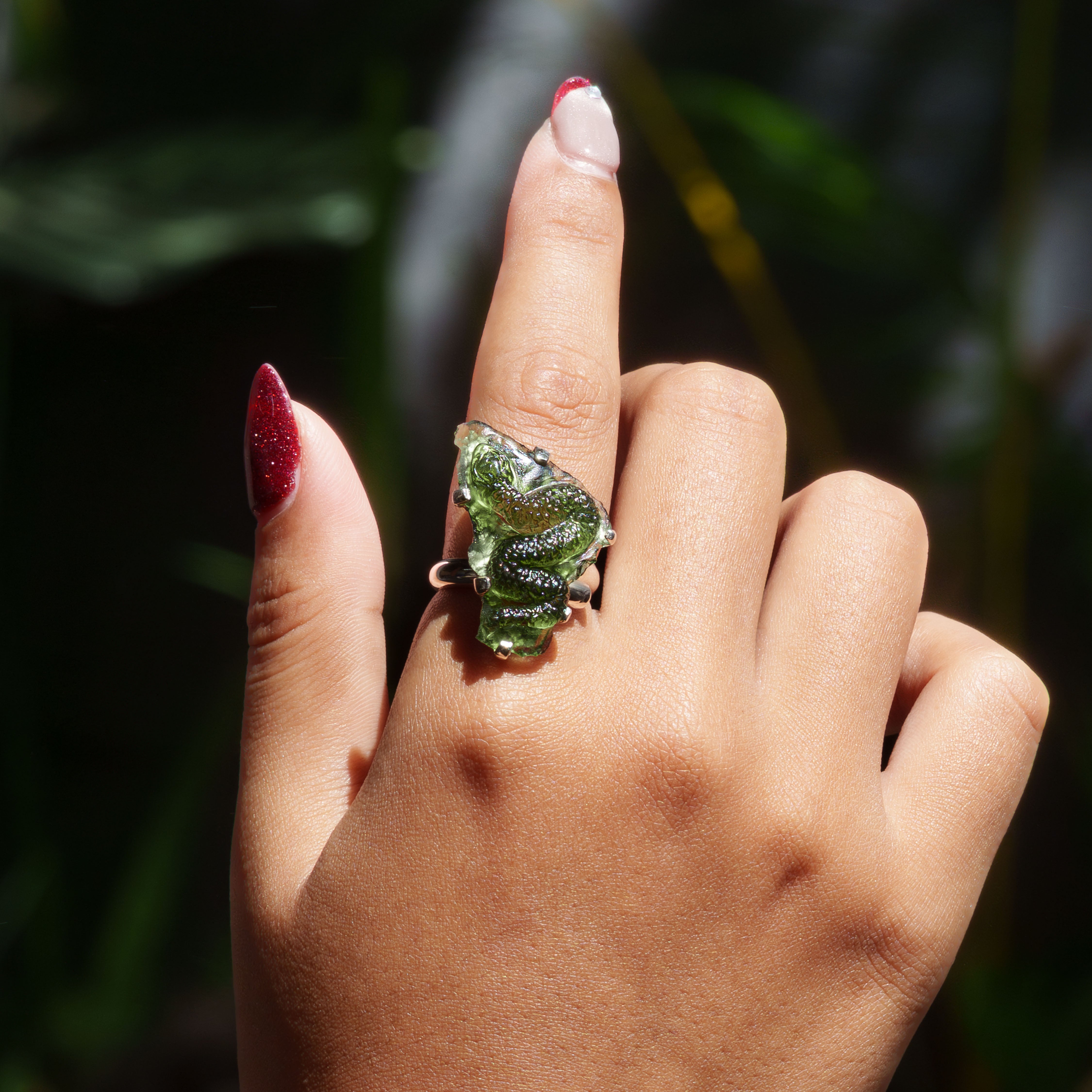 Starborn Hand-Carved Moldavite Snake Ring in Sterling SIlver - Size 9