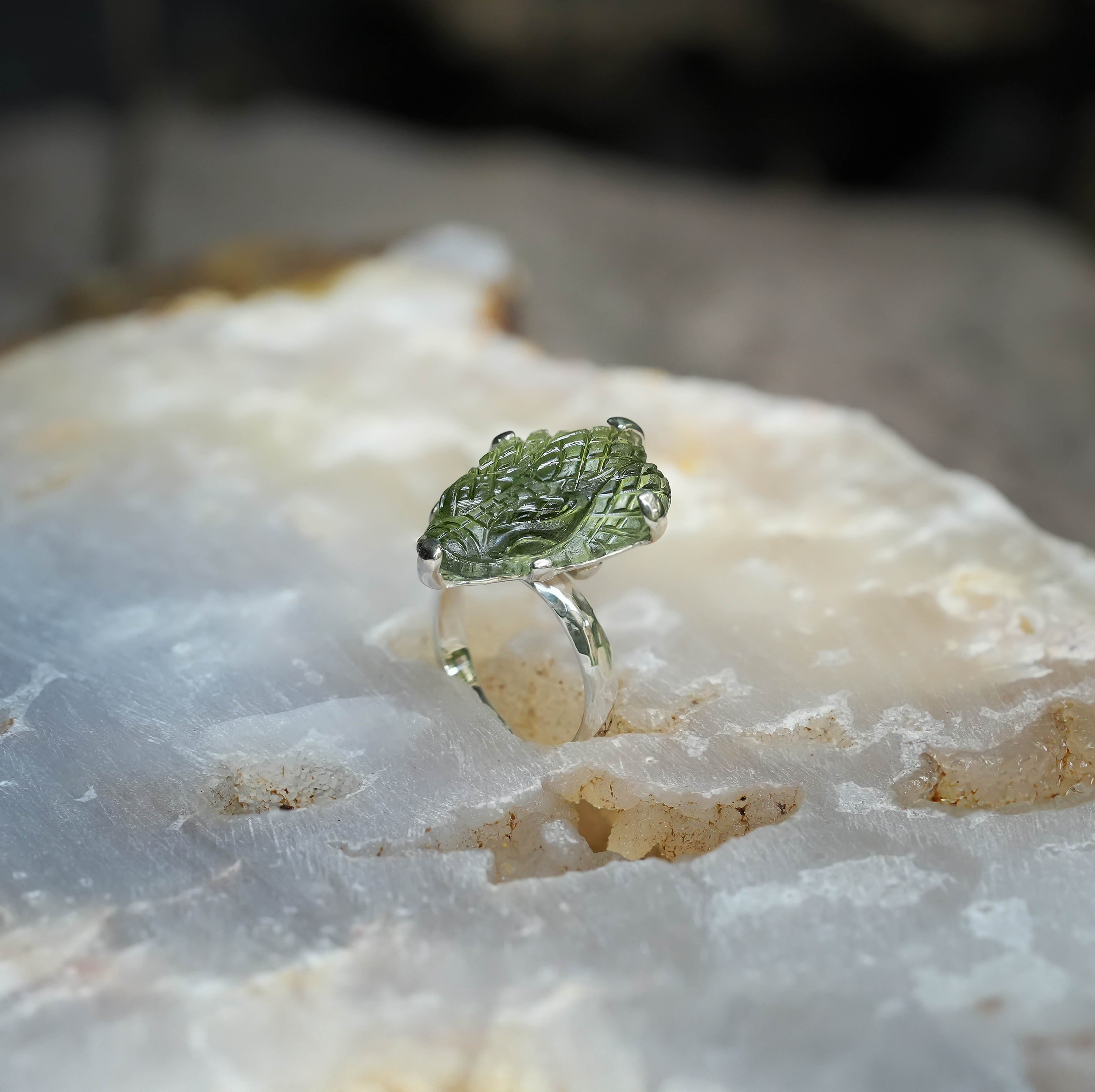 Starborn Hand-Carved Moldavite Snake Head Ring in Sterling Silver - Size 7