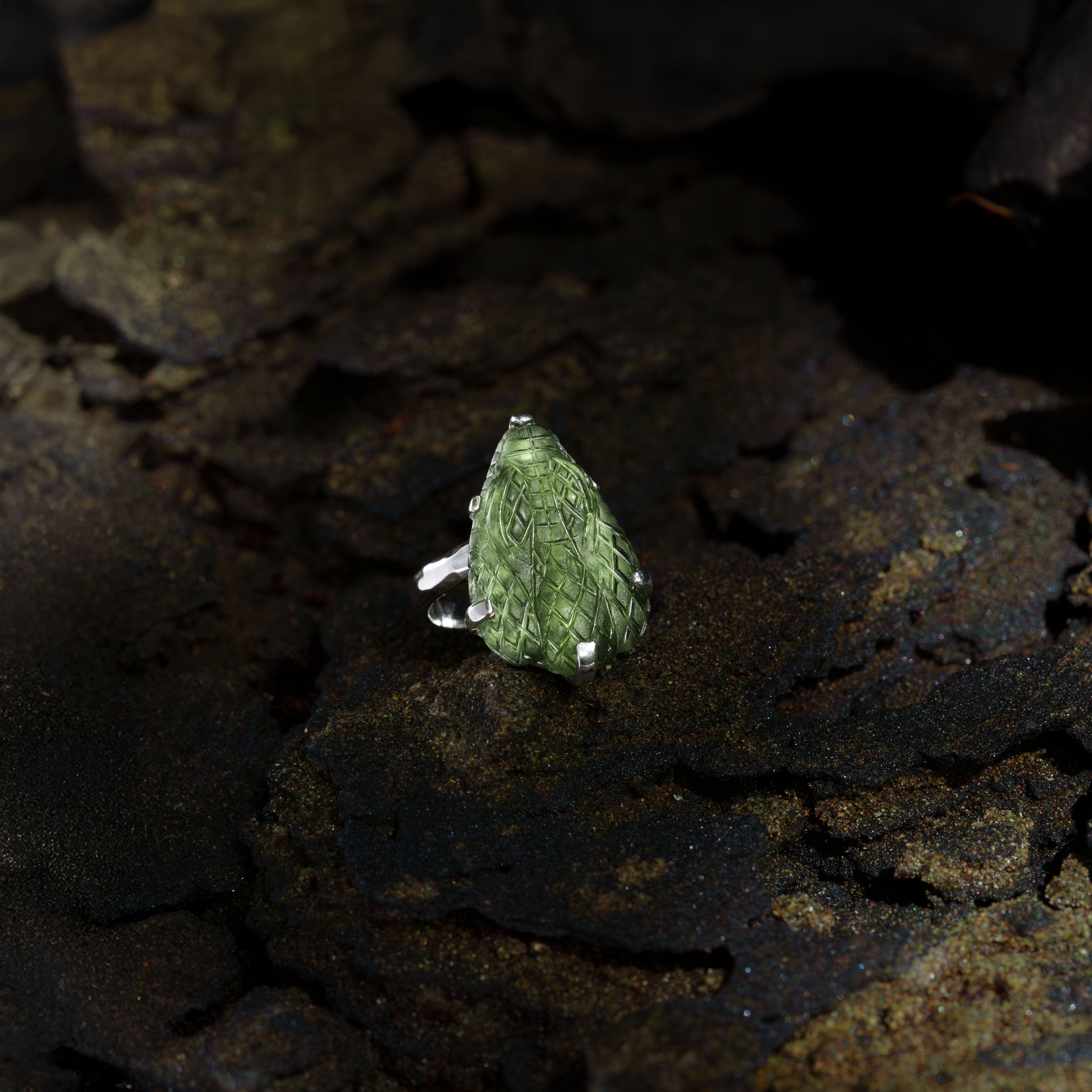Starborn Hand-Carved Moldavite Snake Head Ring in Sterling Silver - Size 7