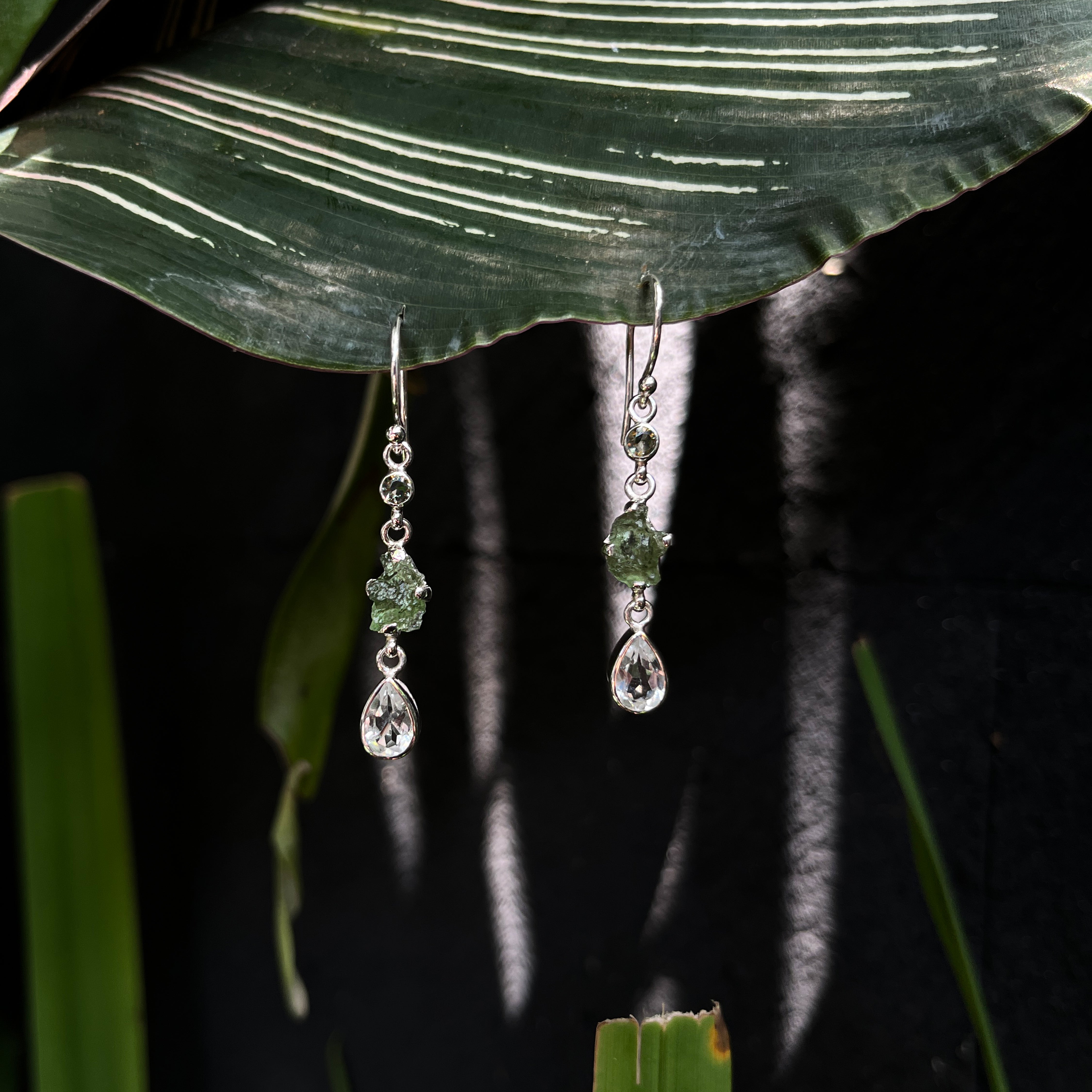 Starborn Moldavite Rough & Faceted with White Topaz Dangle Earring in Sterling Silver