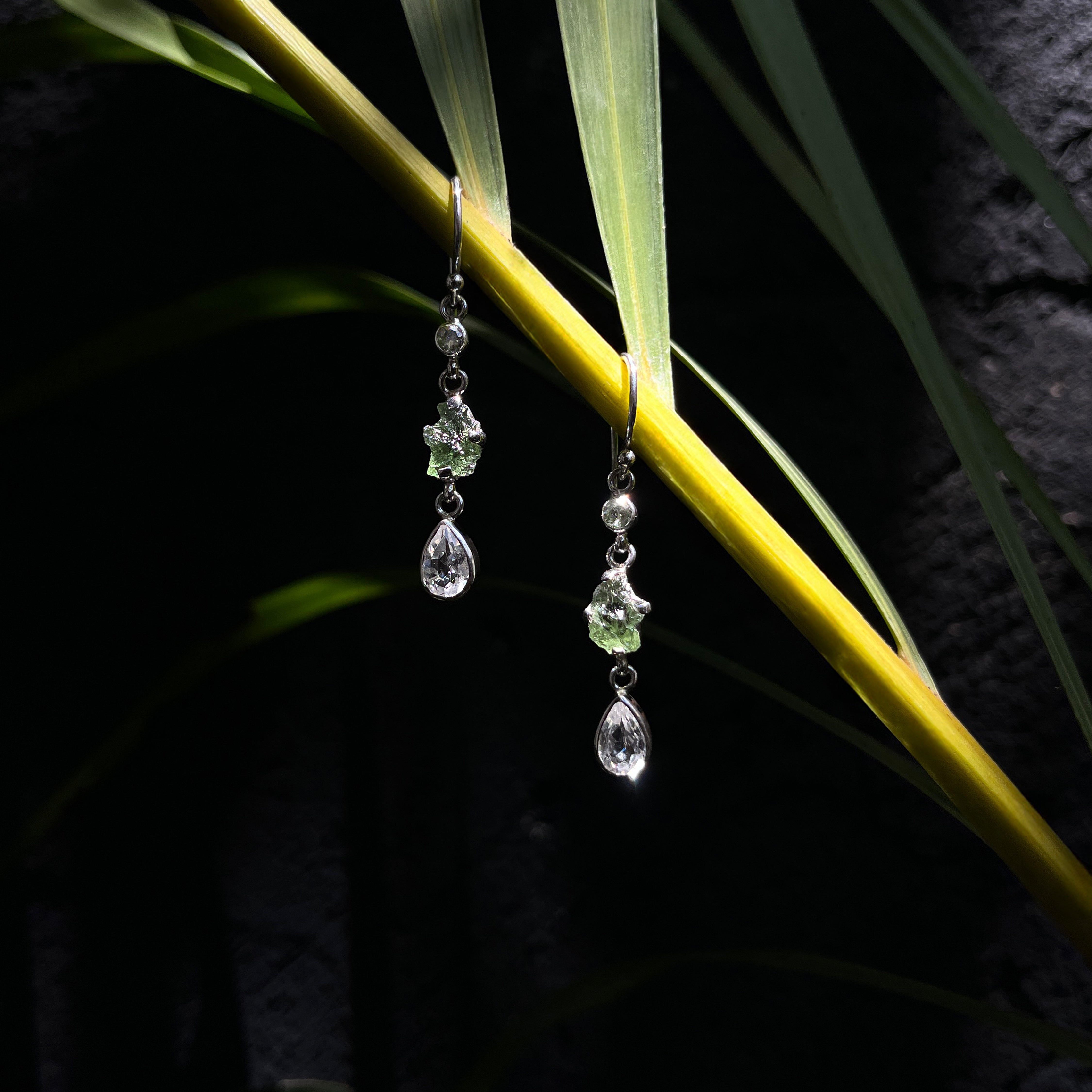 Starborn Moldavite Rough & Faceted with White Topaz Dangle Earring in Sterling Silver