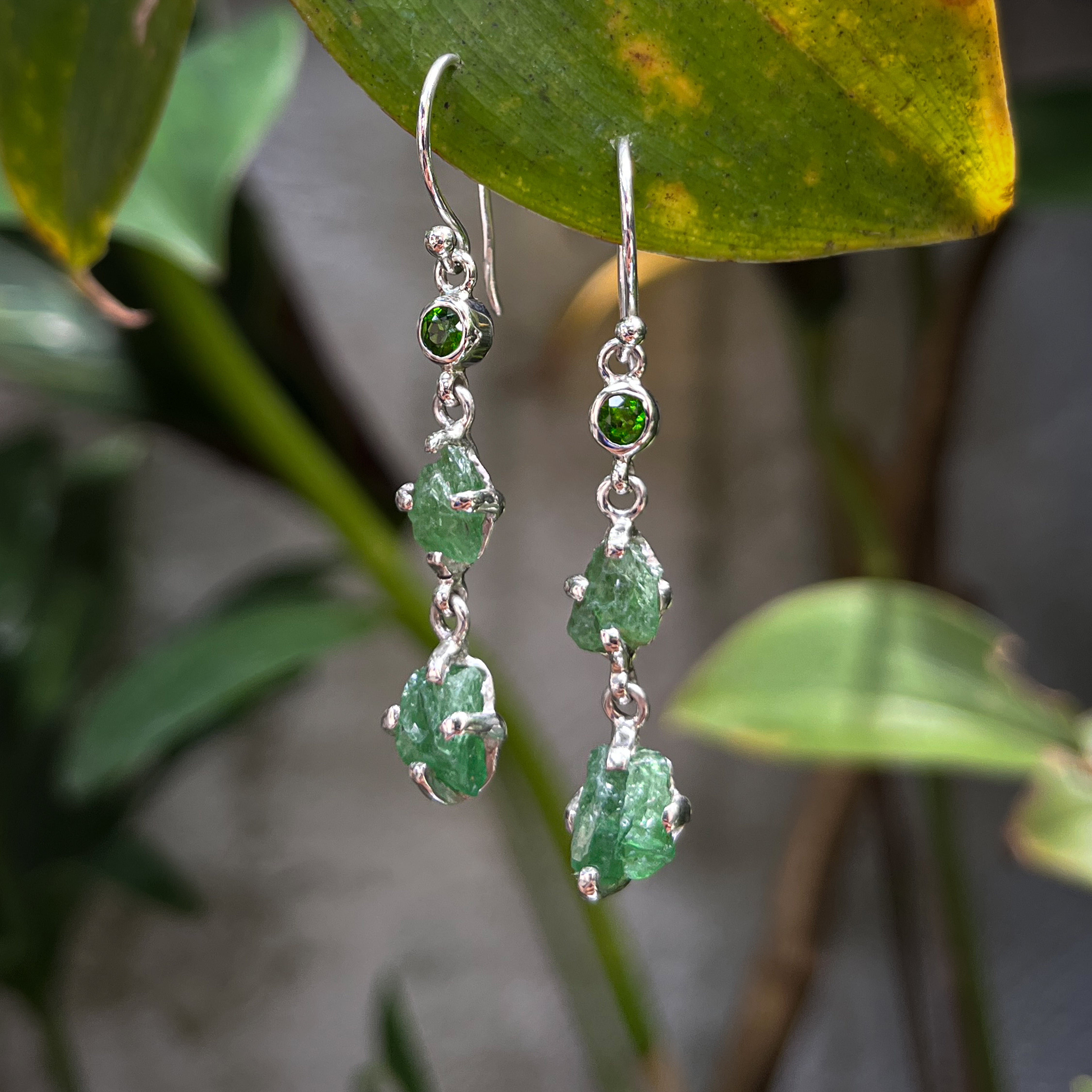 Starborn Green Garnet Tsavorite Rough with Chrome Diopside Accents Dangle Earring in Sterling Silver