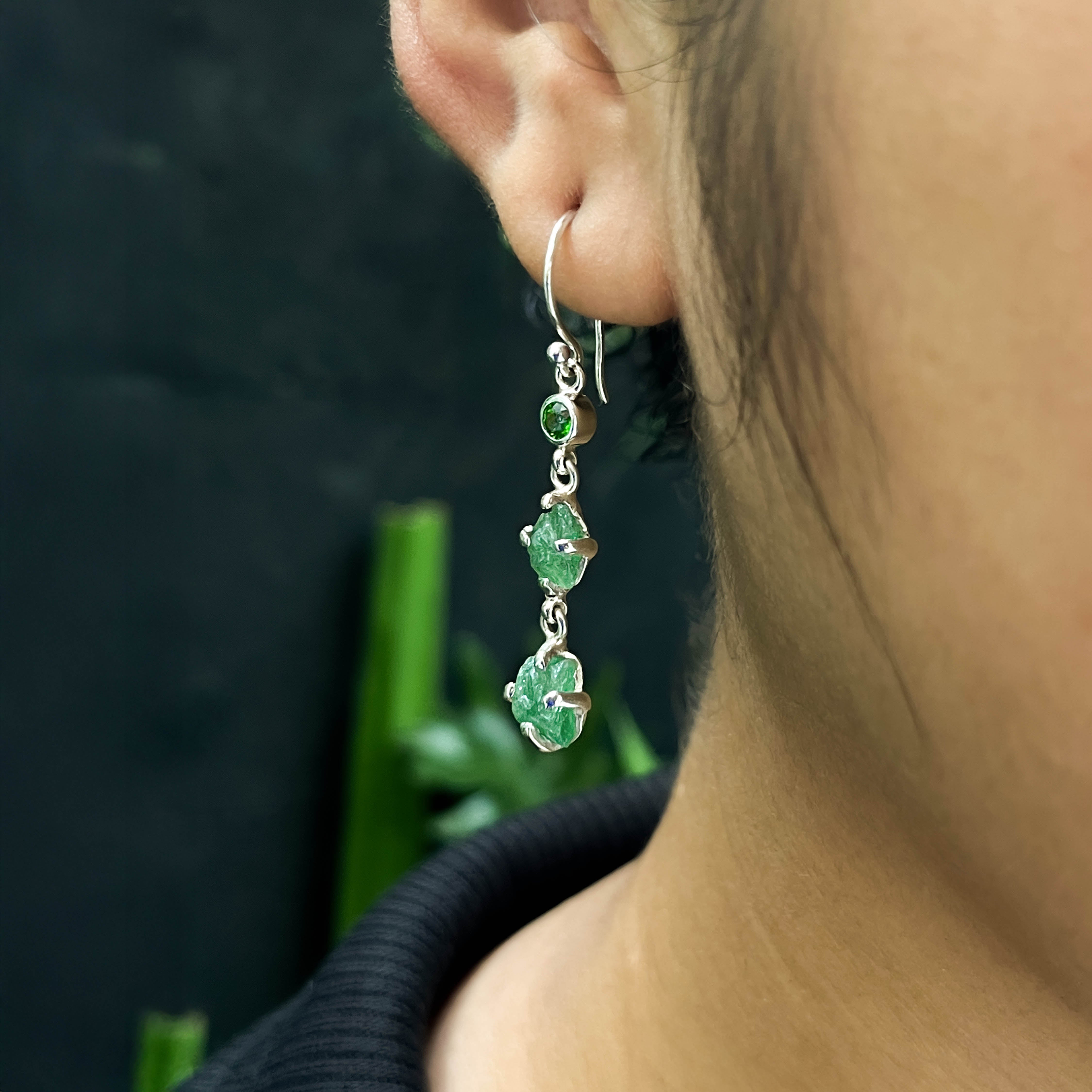 Starborn Green Garnet Tsavorite Rough with Chrome Diopside Accents Dangle Earring in Sterling Silver