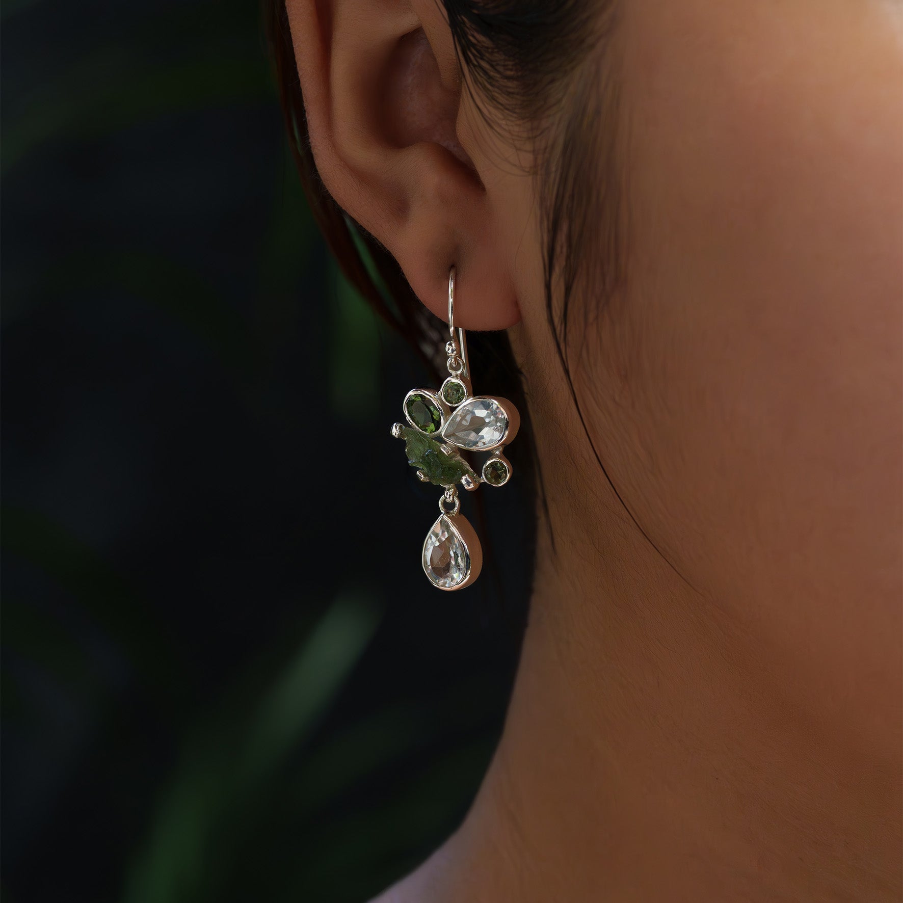 Starborn Moldavite & White Topaz Dangle Earrings in Sterling Silver