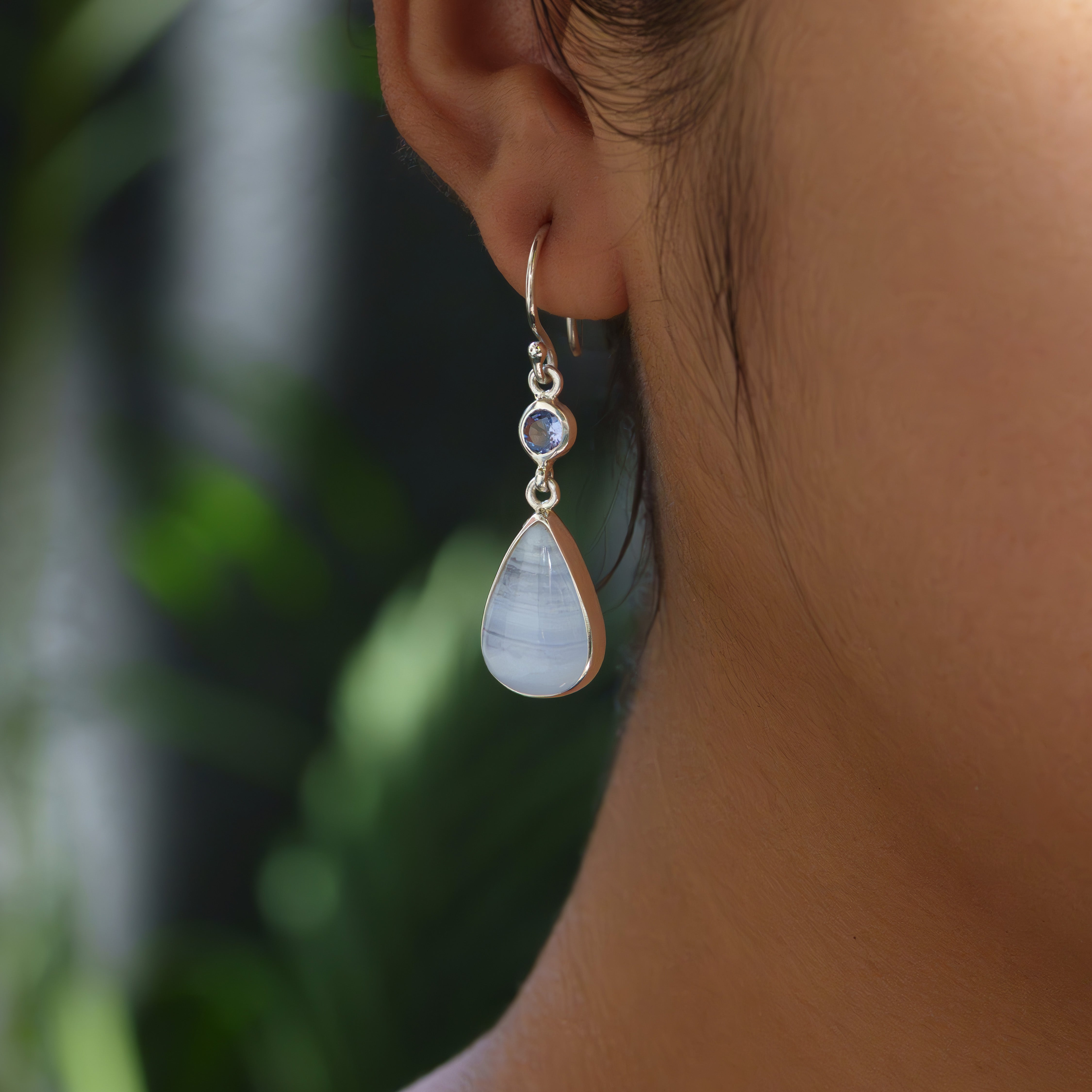 Sarborn Blue Lace Agate Dangle Earrings in Sterling Silver