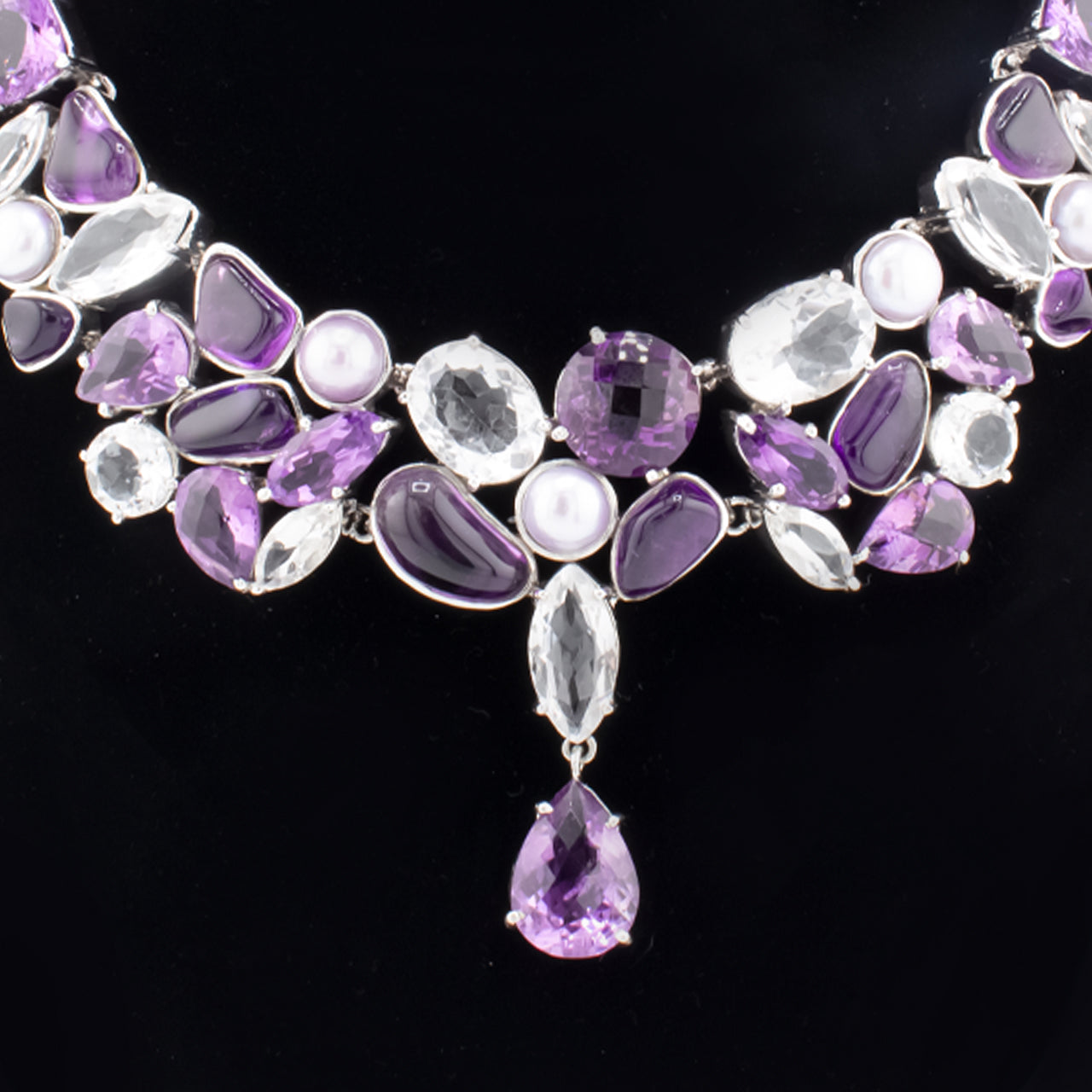 Starborn Amethyst, Freshwater Pearl and Quartz Necklace in Sterling Silver - One piece